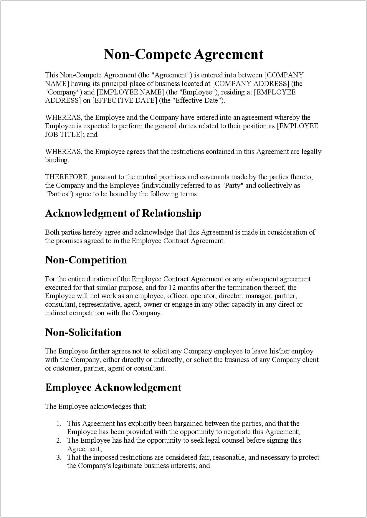 Free Business Non Compete Agreement Template