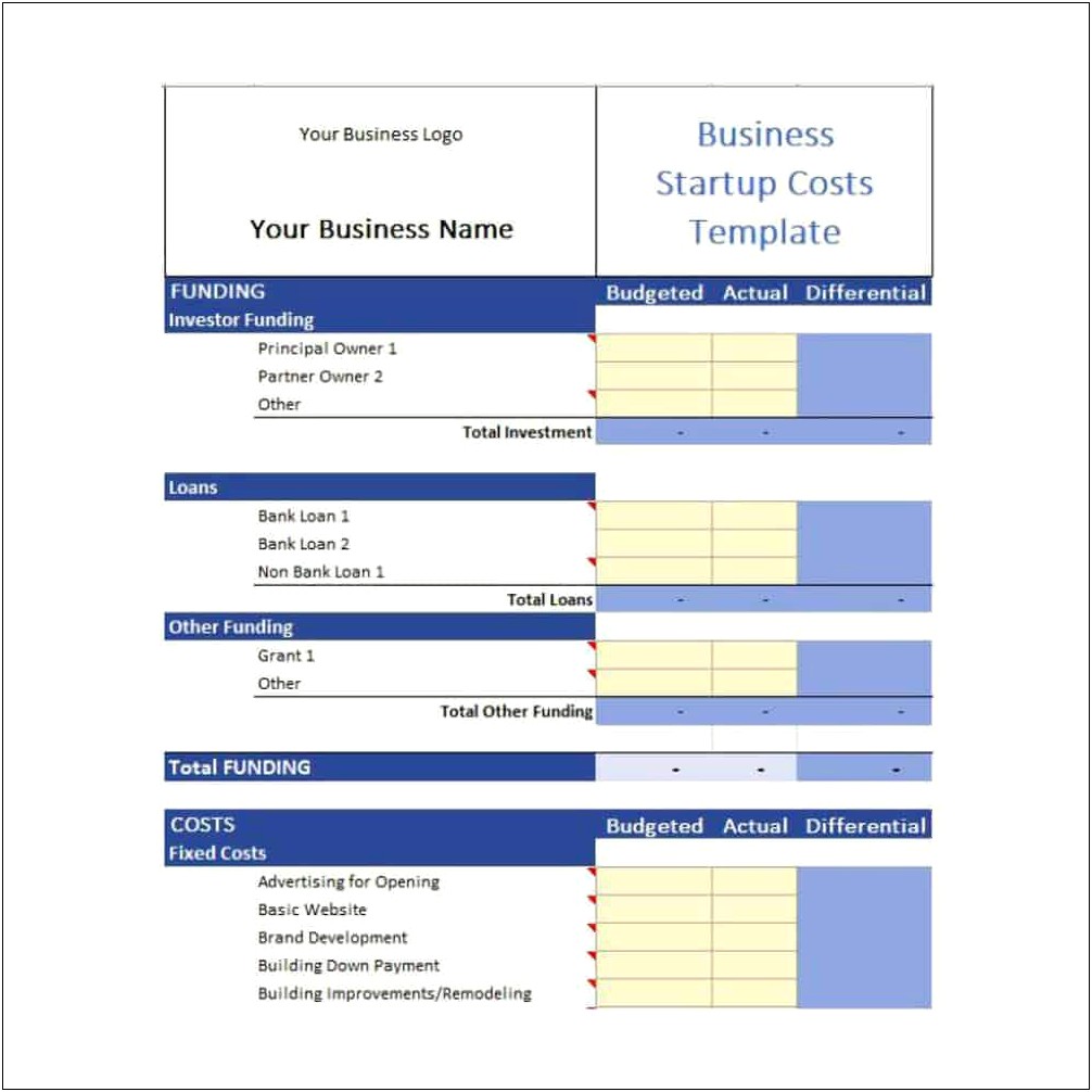 Free Business Start Up Costs Template