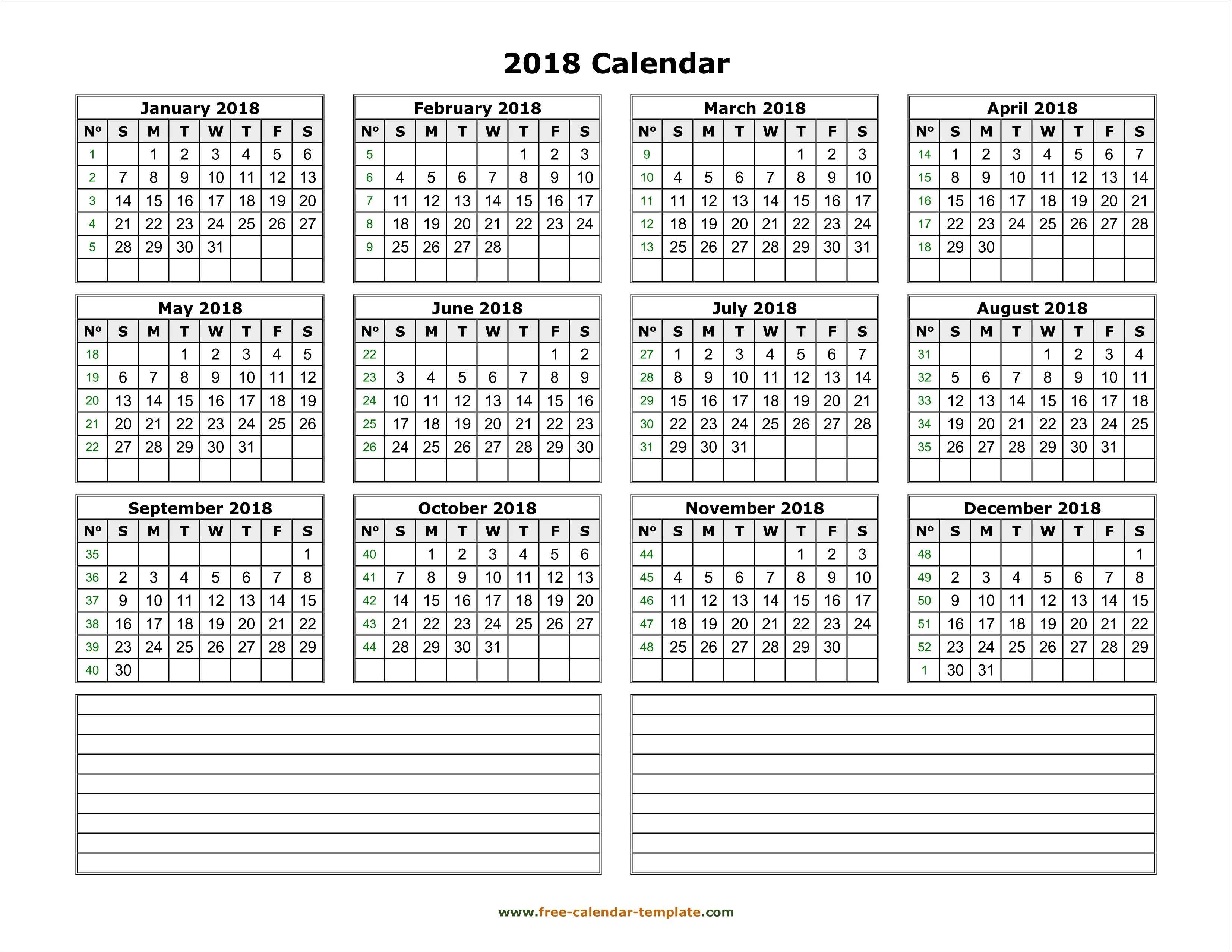 Free Calendar Template 2018 No Downloading