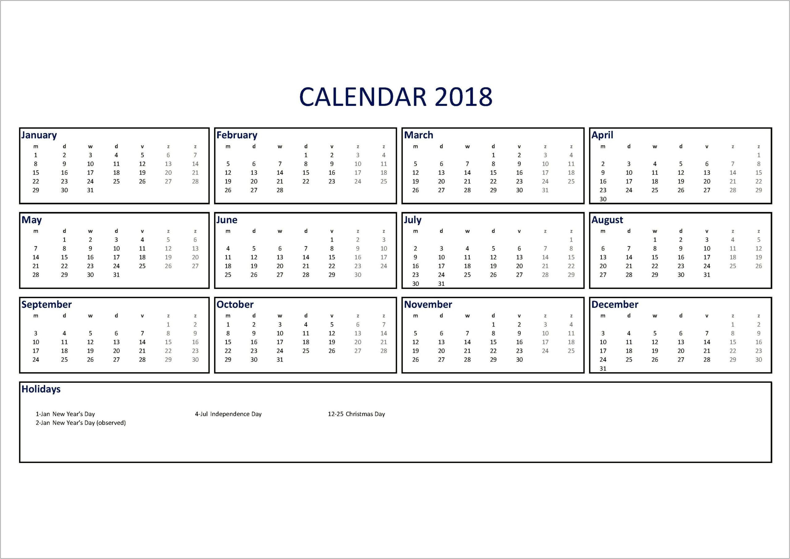 Free Calendar Template 2018 With Holidays