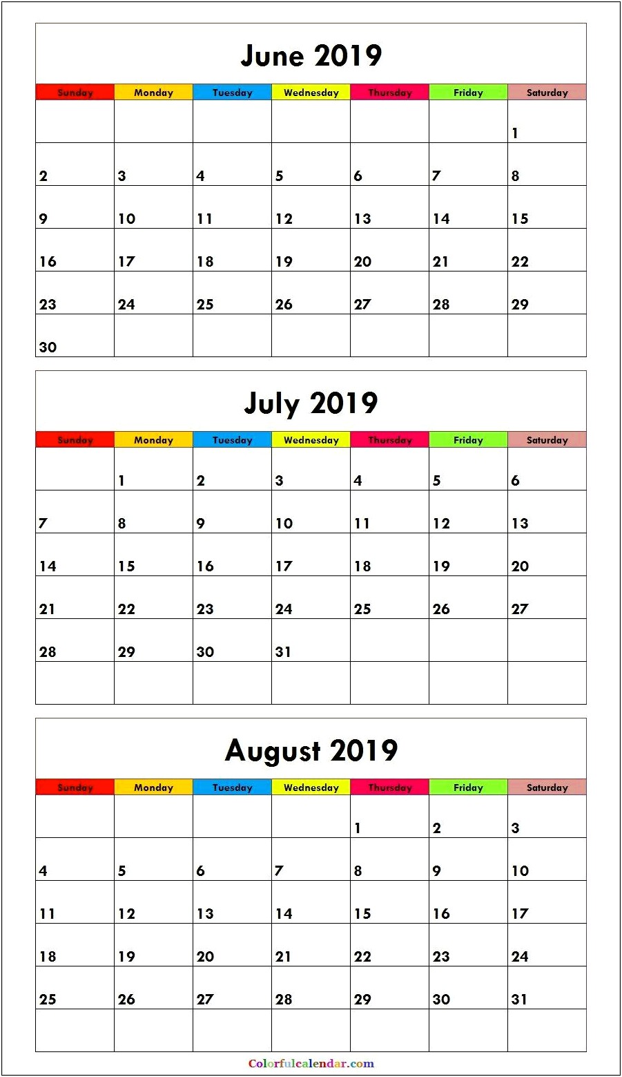 Free Calendar Template 2019 June July August