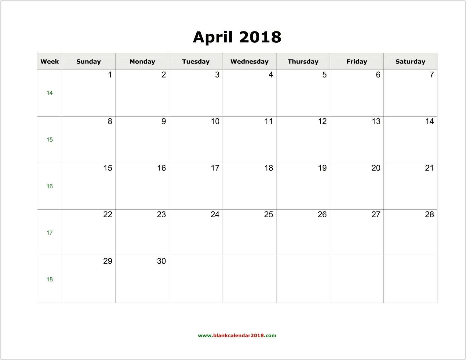 Free Calendar Template For April 2018
