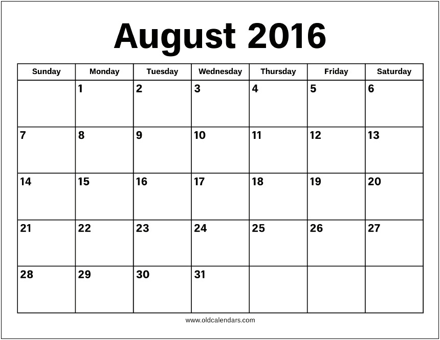 Free Calendar Template For August 2016