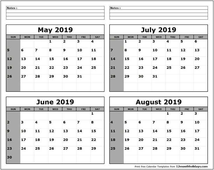 Free Calendar Template June July August 2019