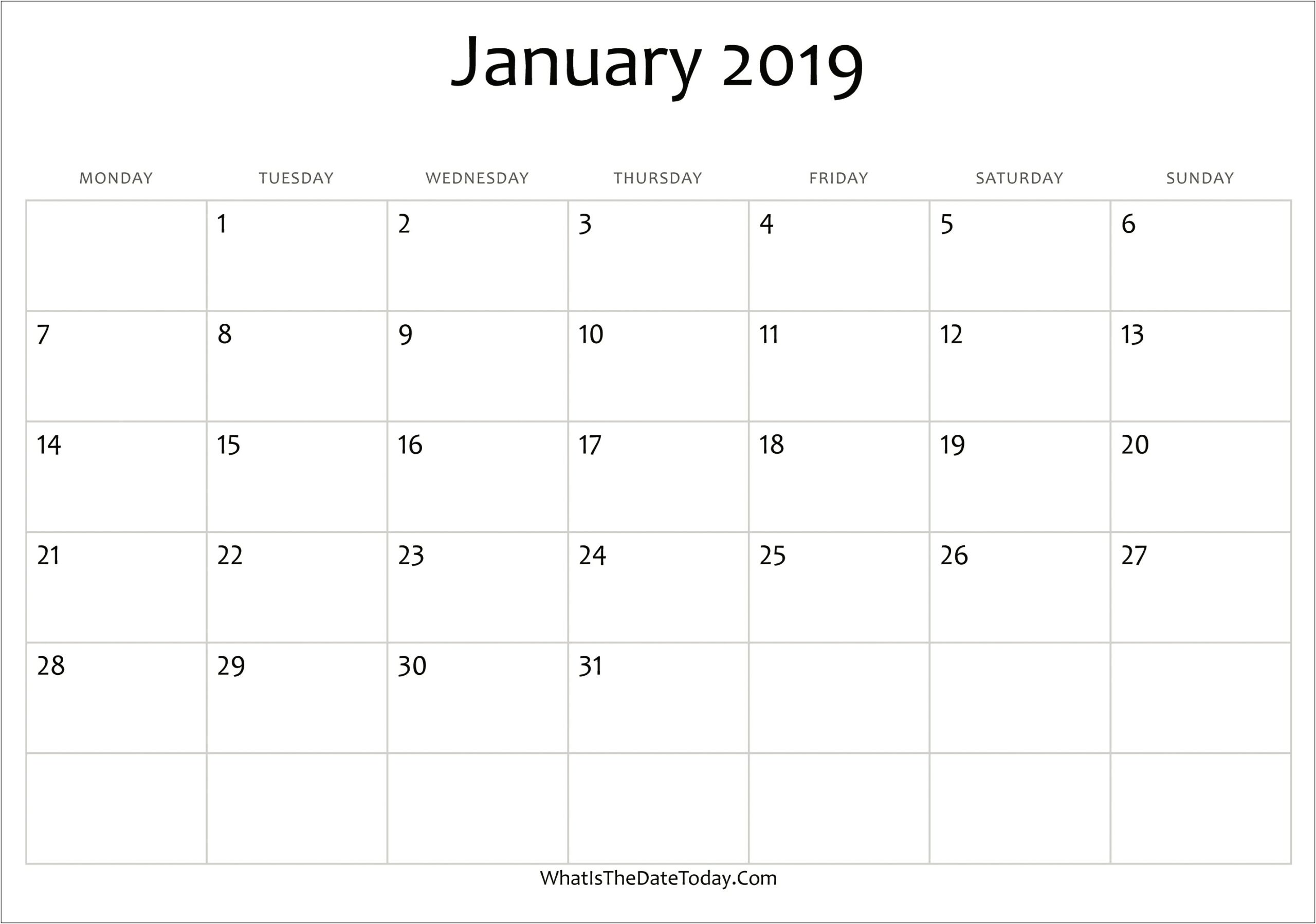 Free Calendar Template Monthly 2019 Start Monday Pinterest