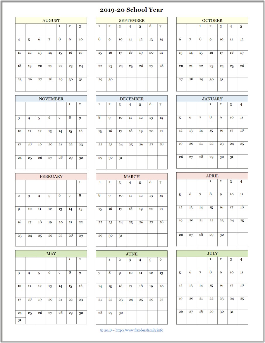 Free Calendar Template School Year 2019 20