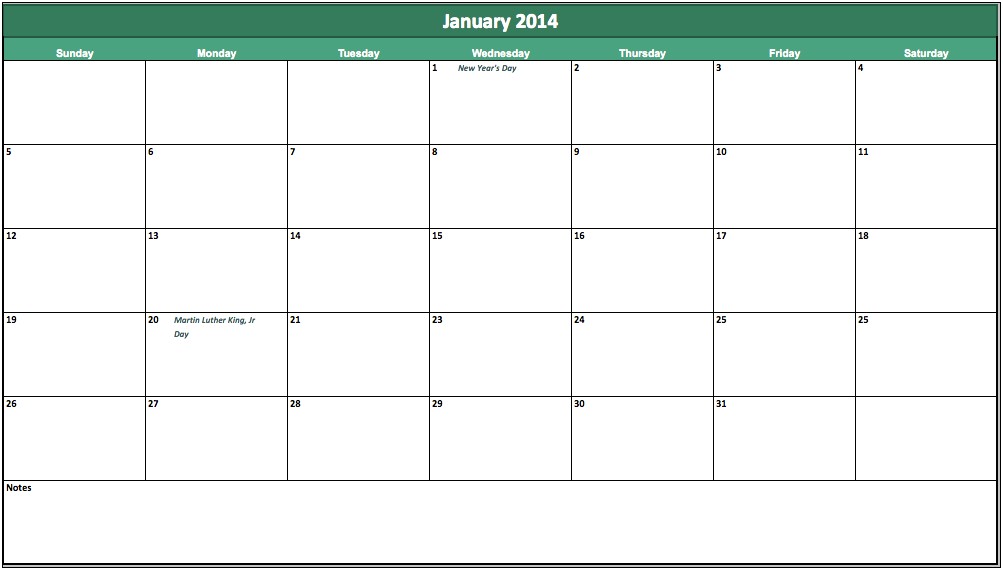 Free Calendar Template With Holidays 2014