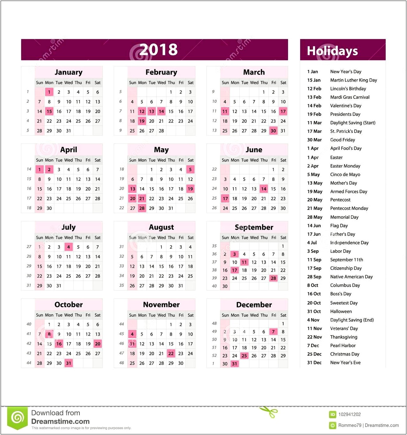 Free Calendar Template With Holidays 2018