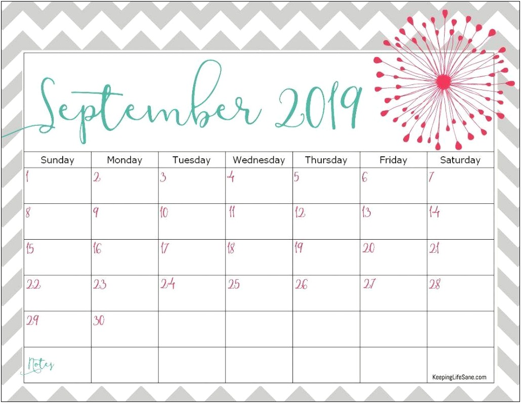 Free Calendar Template With Notes Section Sept 2019