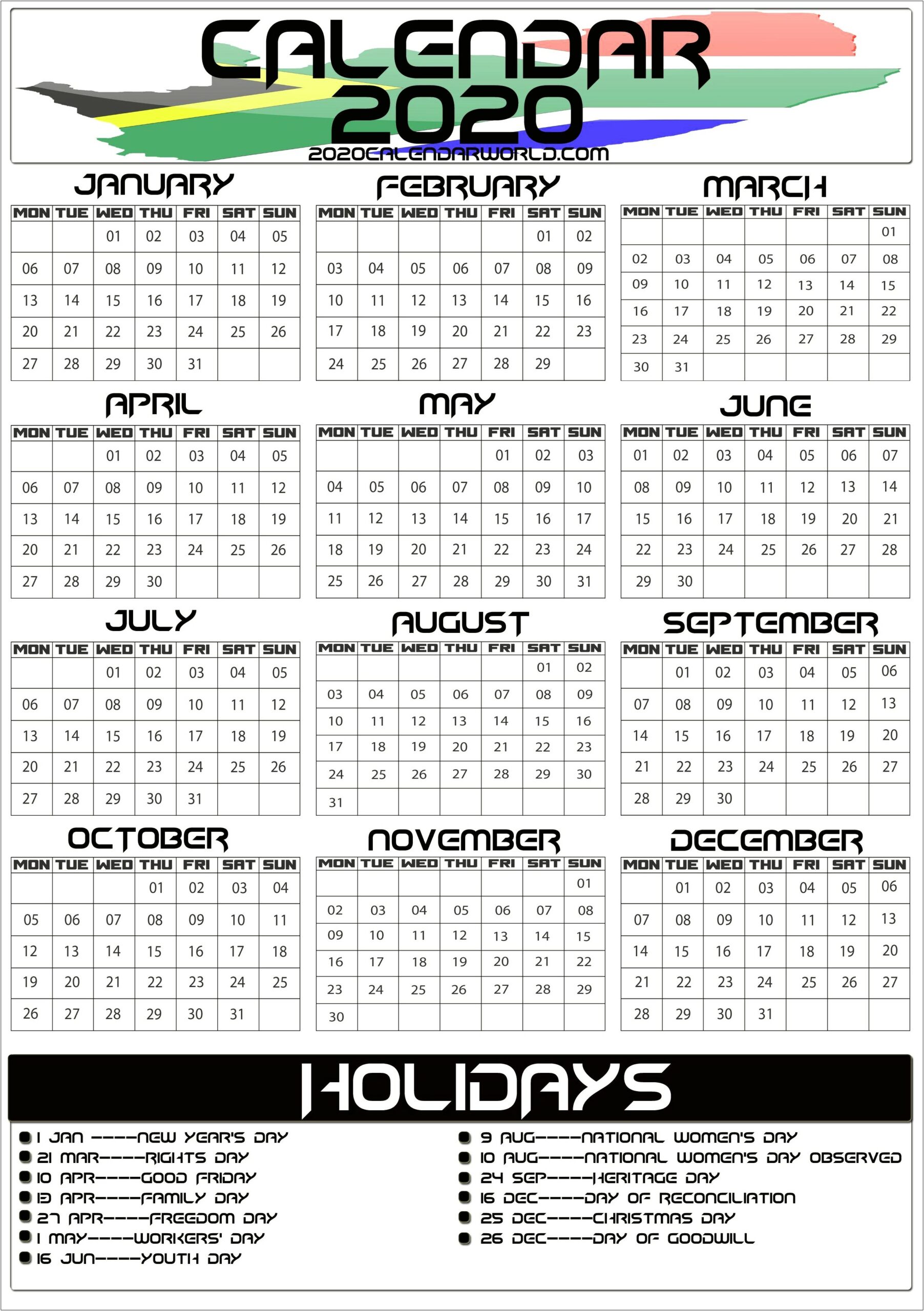 Free Calendar Templates 2015 South Africa