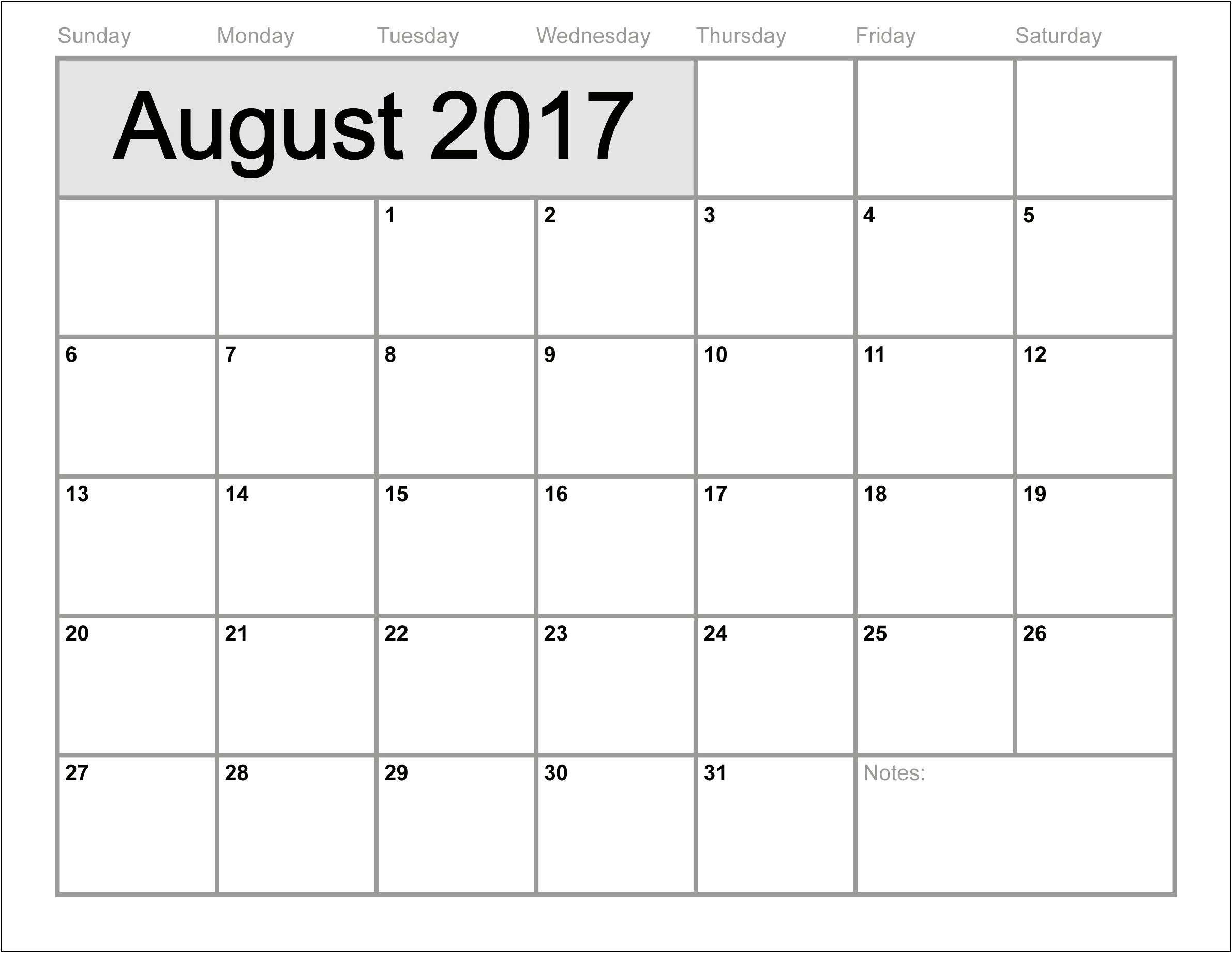 Free Calendar Templates August 2017 Landscape