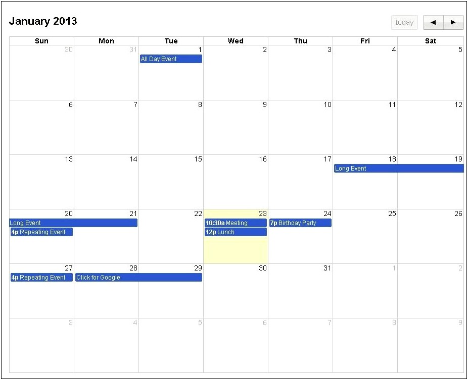 Free Calender With Events In Php Template