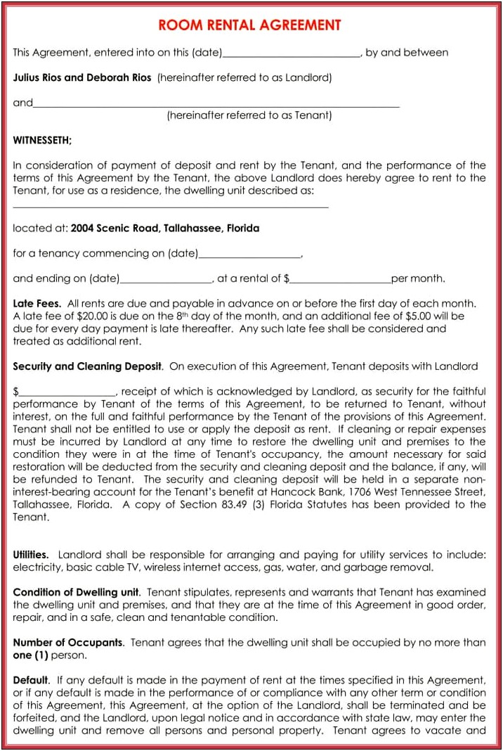 Free California Room Rent Contract Template