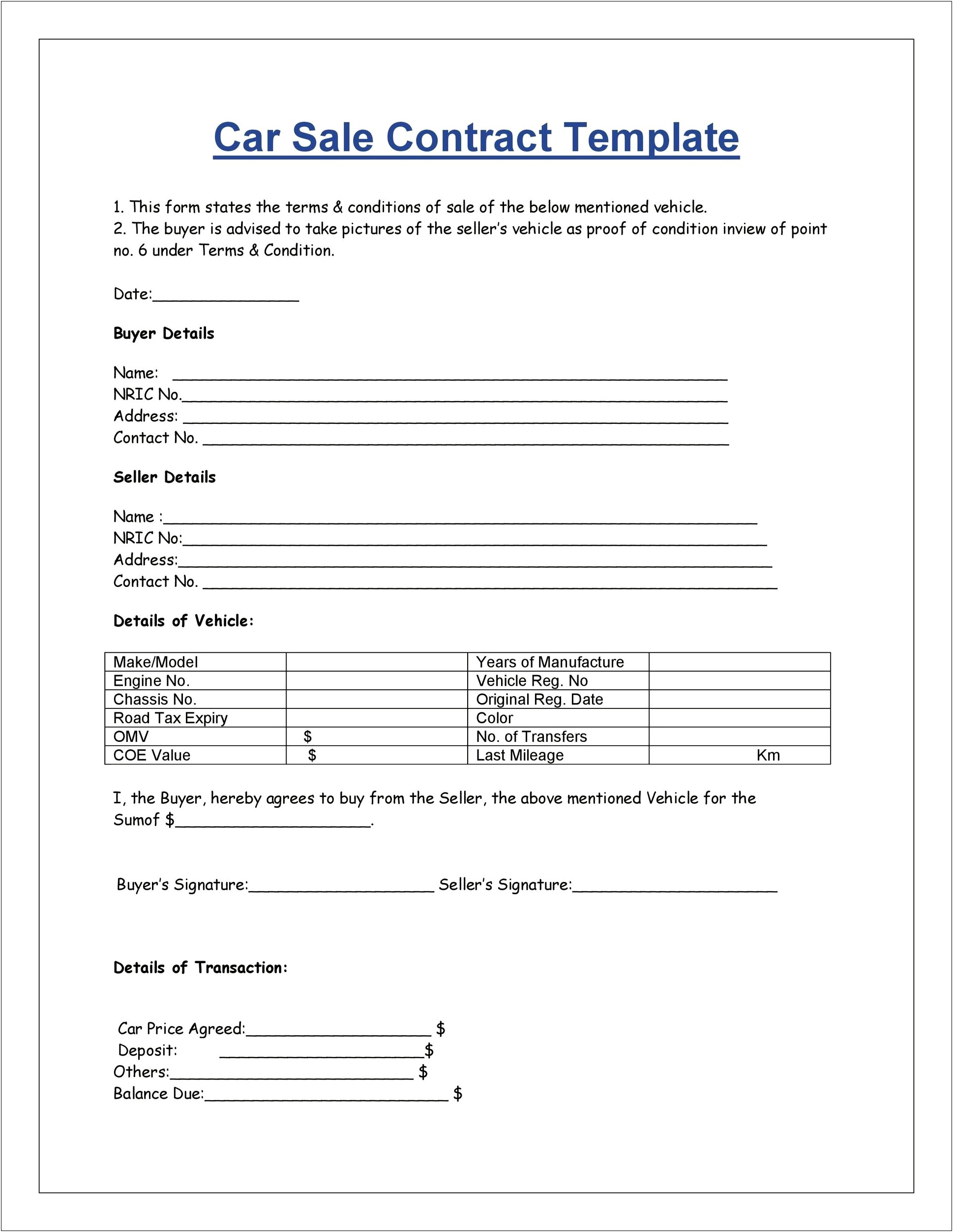 Free Car Sale Agreement Template Word