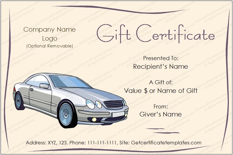 Free Car Themed Gift Certificate Template