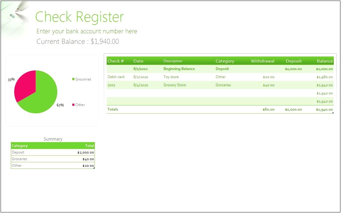 Free Cash Business Check Register Template Excel