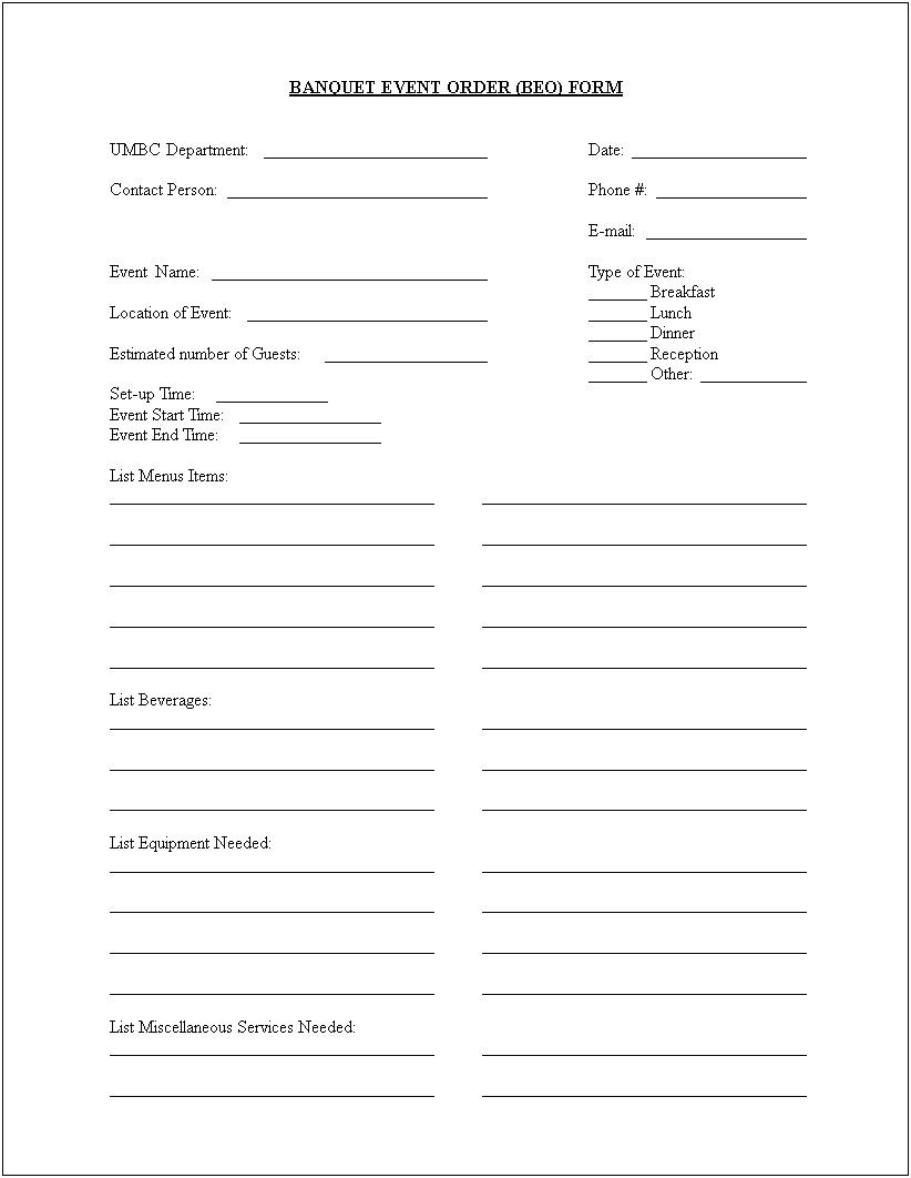 Free Catering Beo Templates For Microsoft Word
