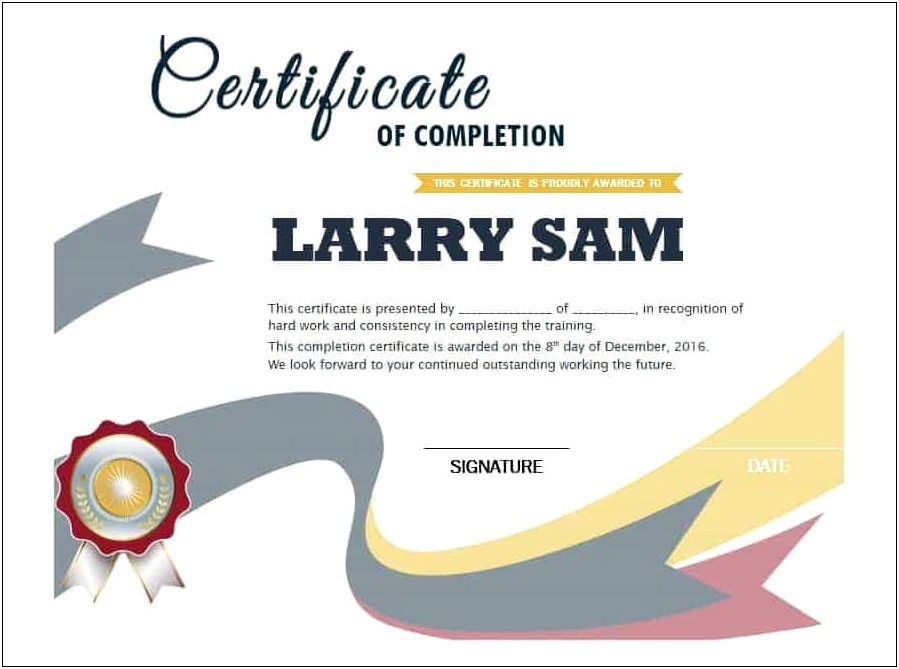 Free Certificate Of Completion Word Template