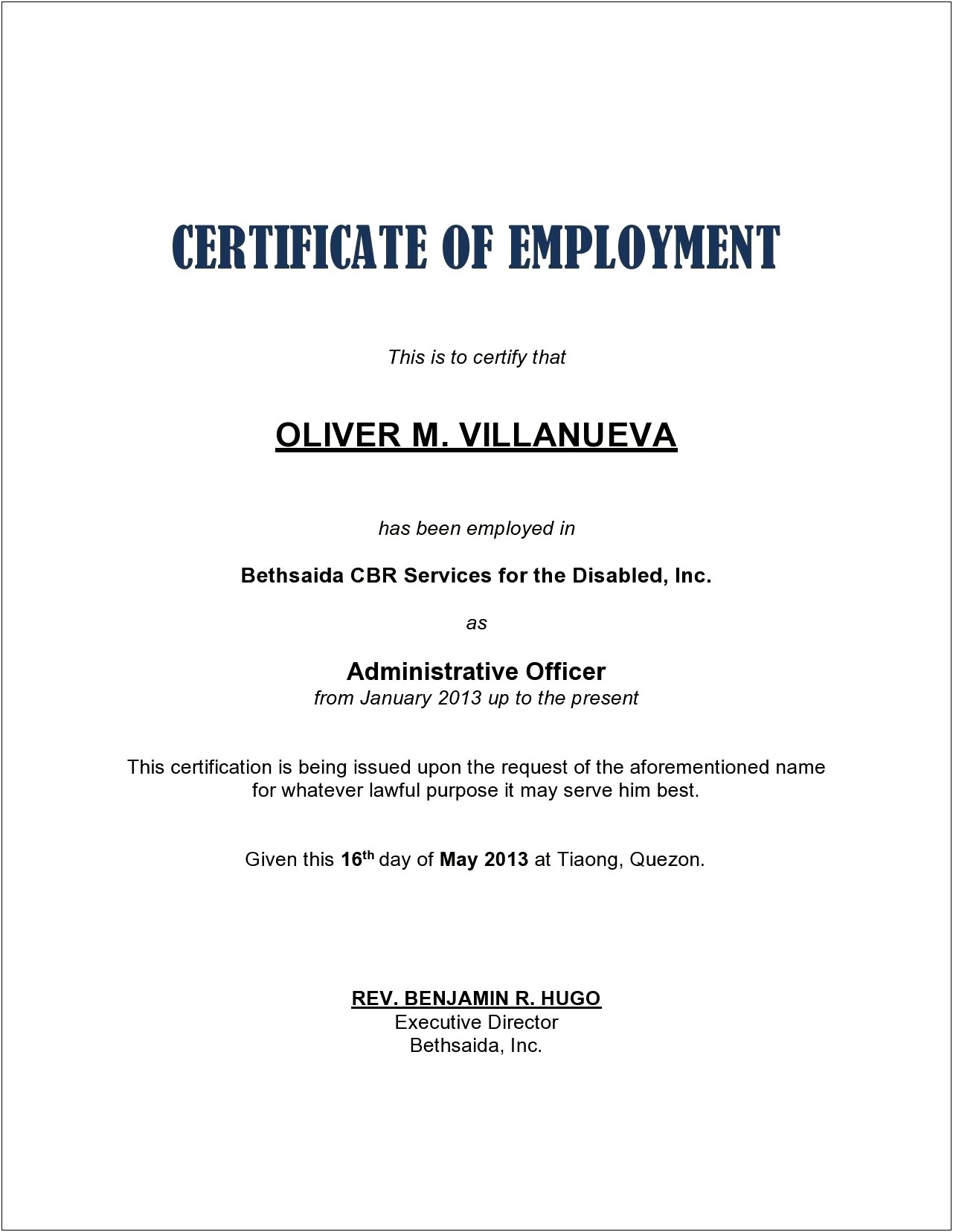 Free Certificate Of Employment Template Download