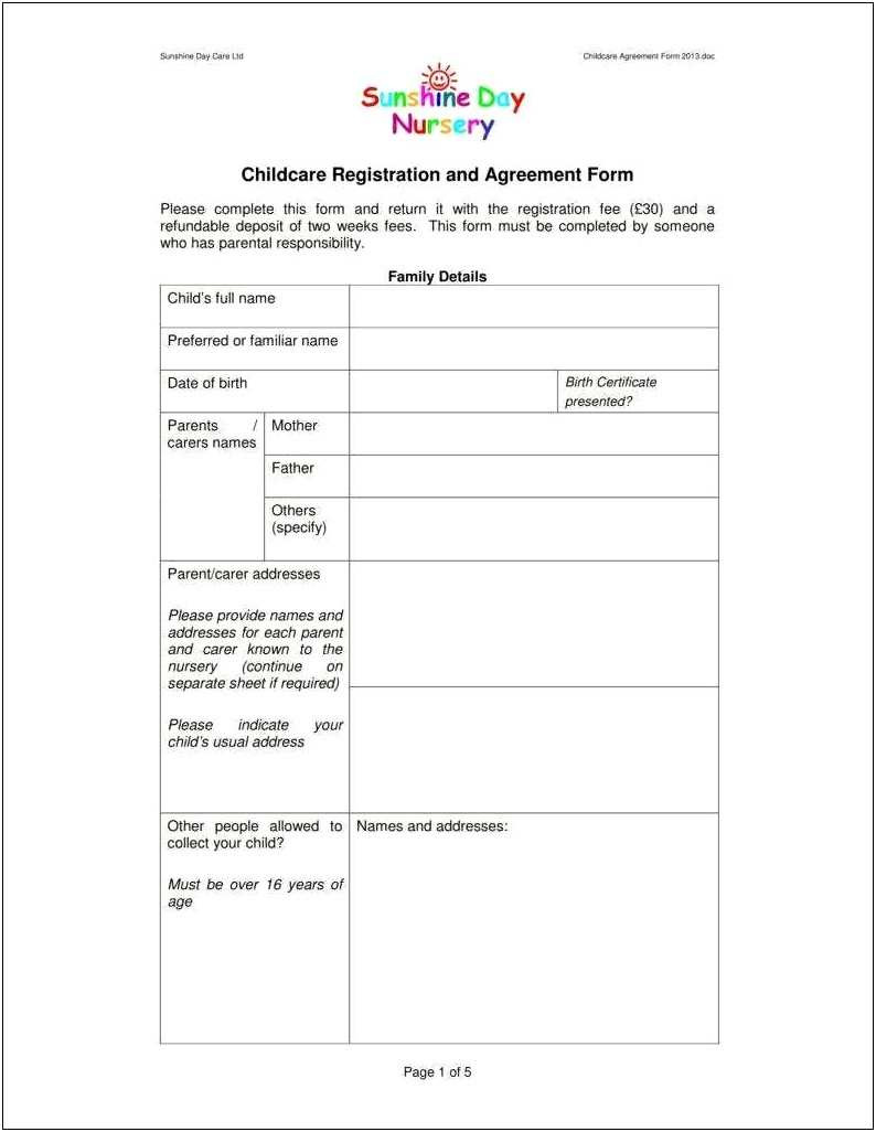 Free Child Care Forms And Templates