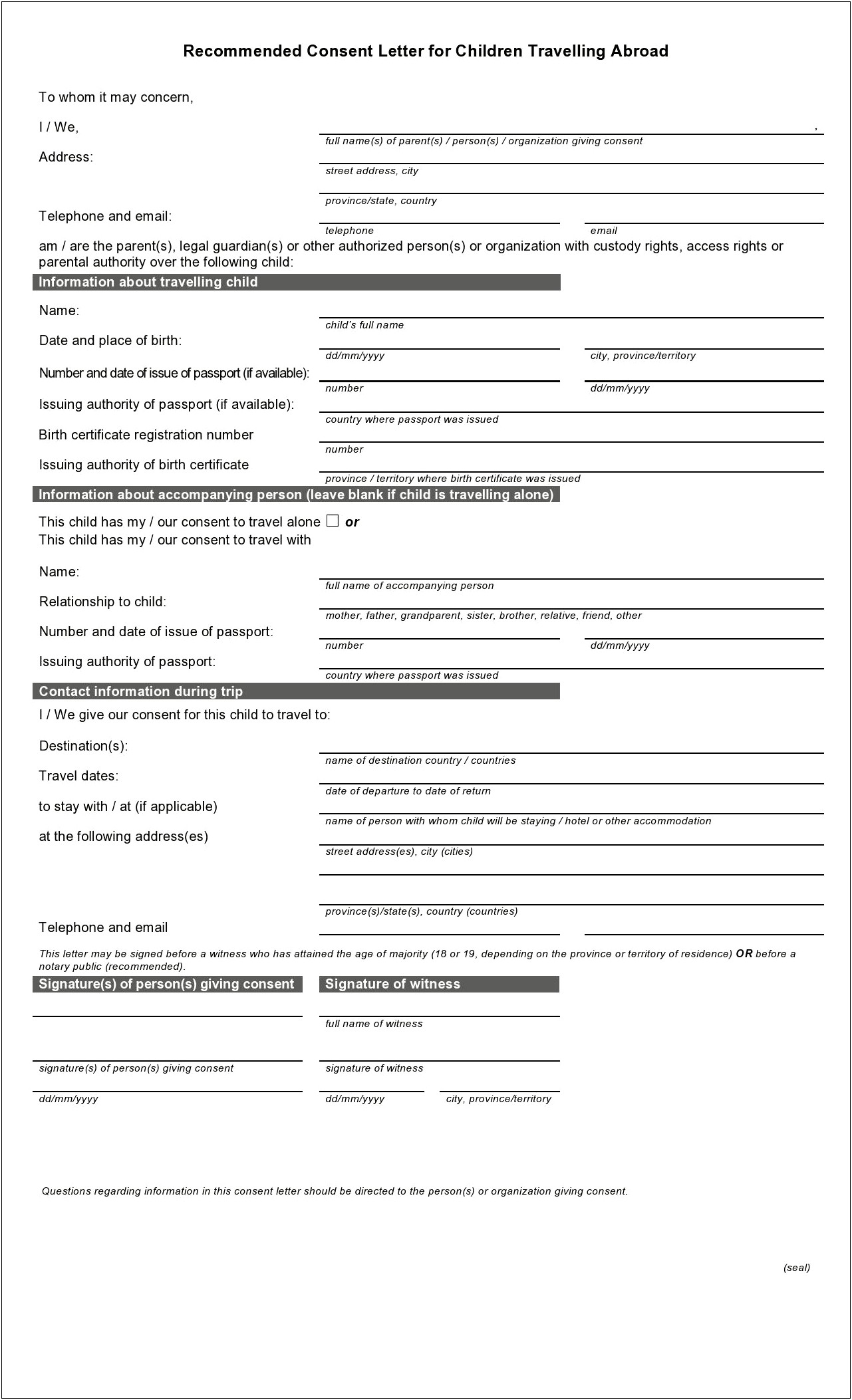 Free Child Travel Consent Form Template Uk