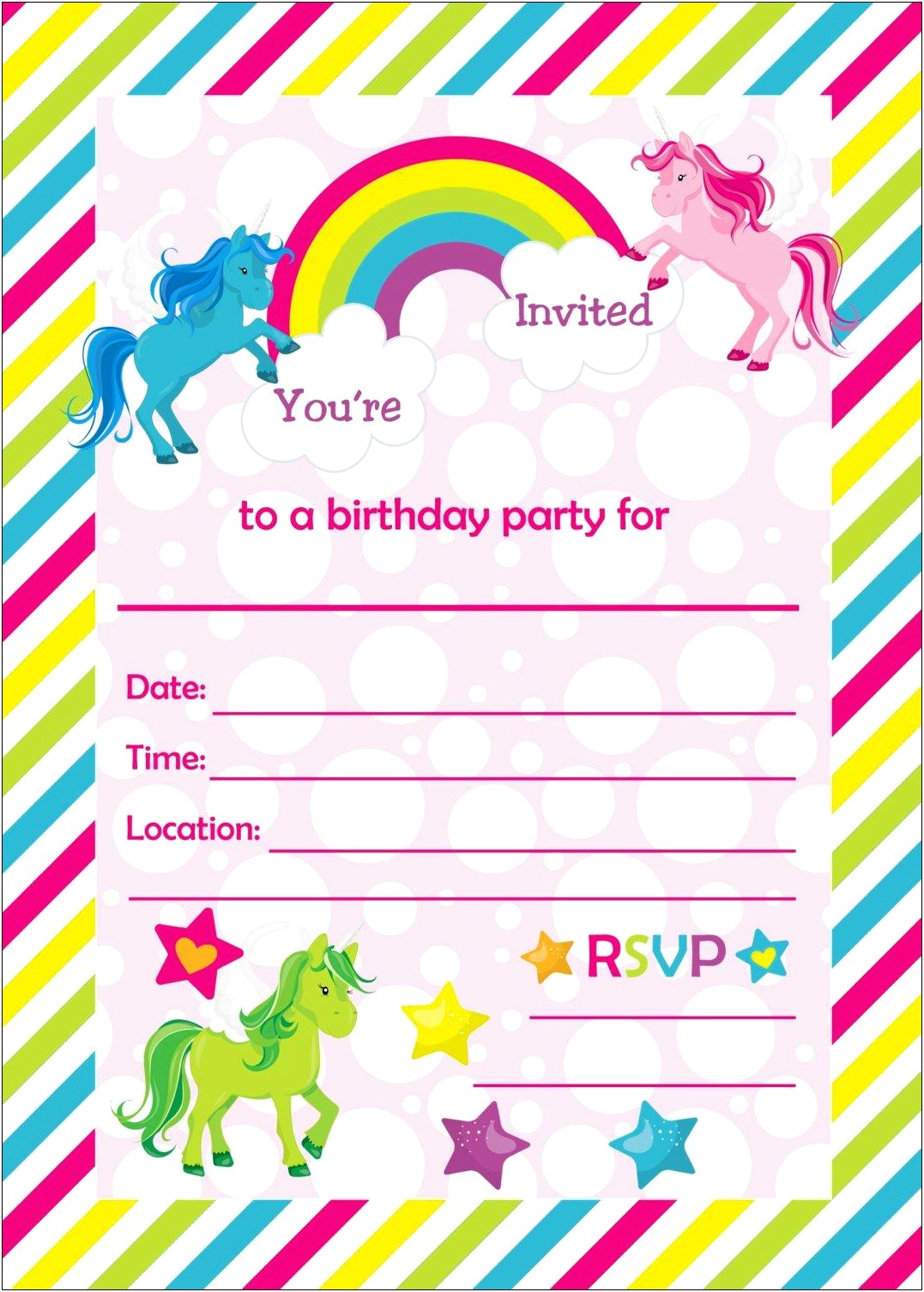 Free Child's Unicorn Birthday Party Invitations Template