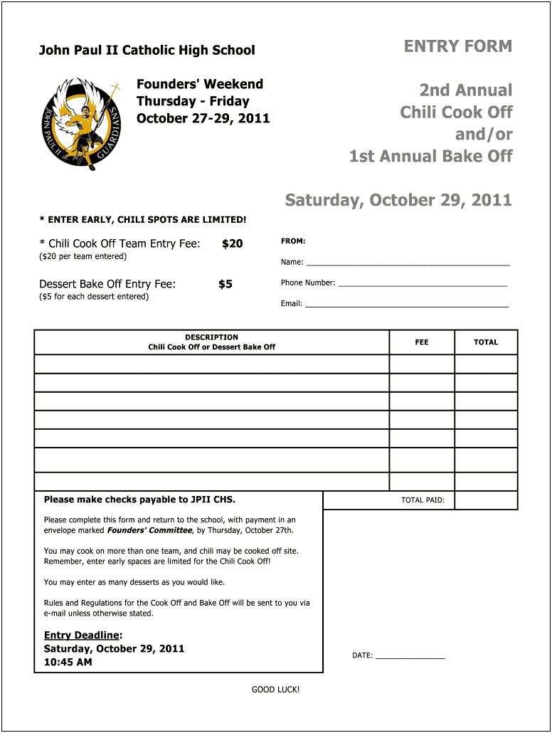 Free Chili Cook Off Entry Form Template