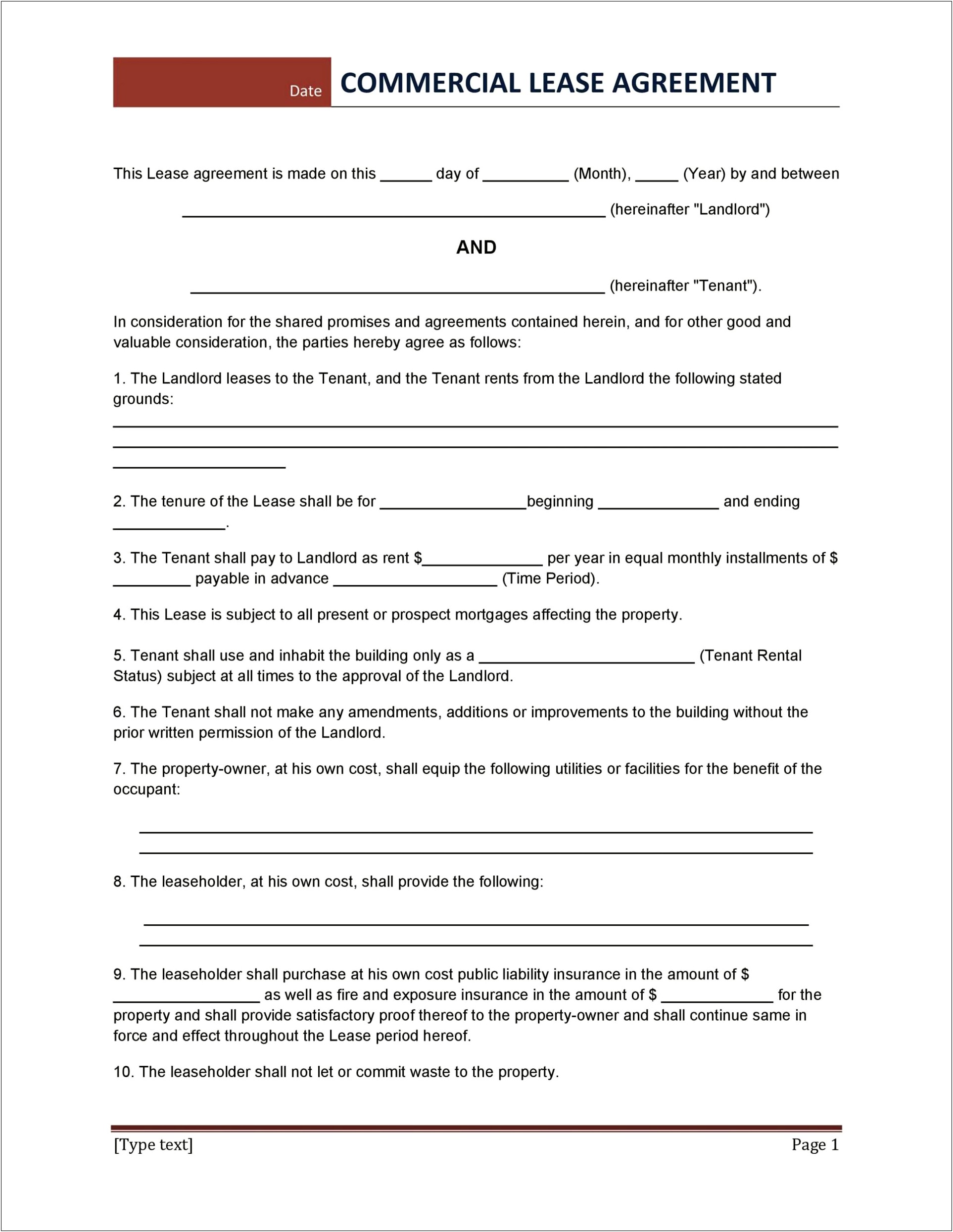 Free Commercial Lease Agreement South Africa Template