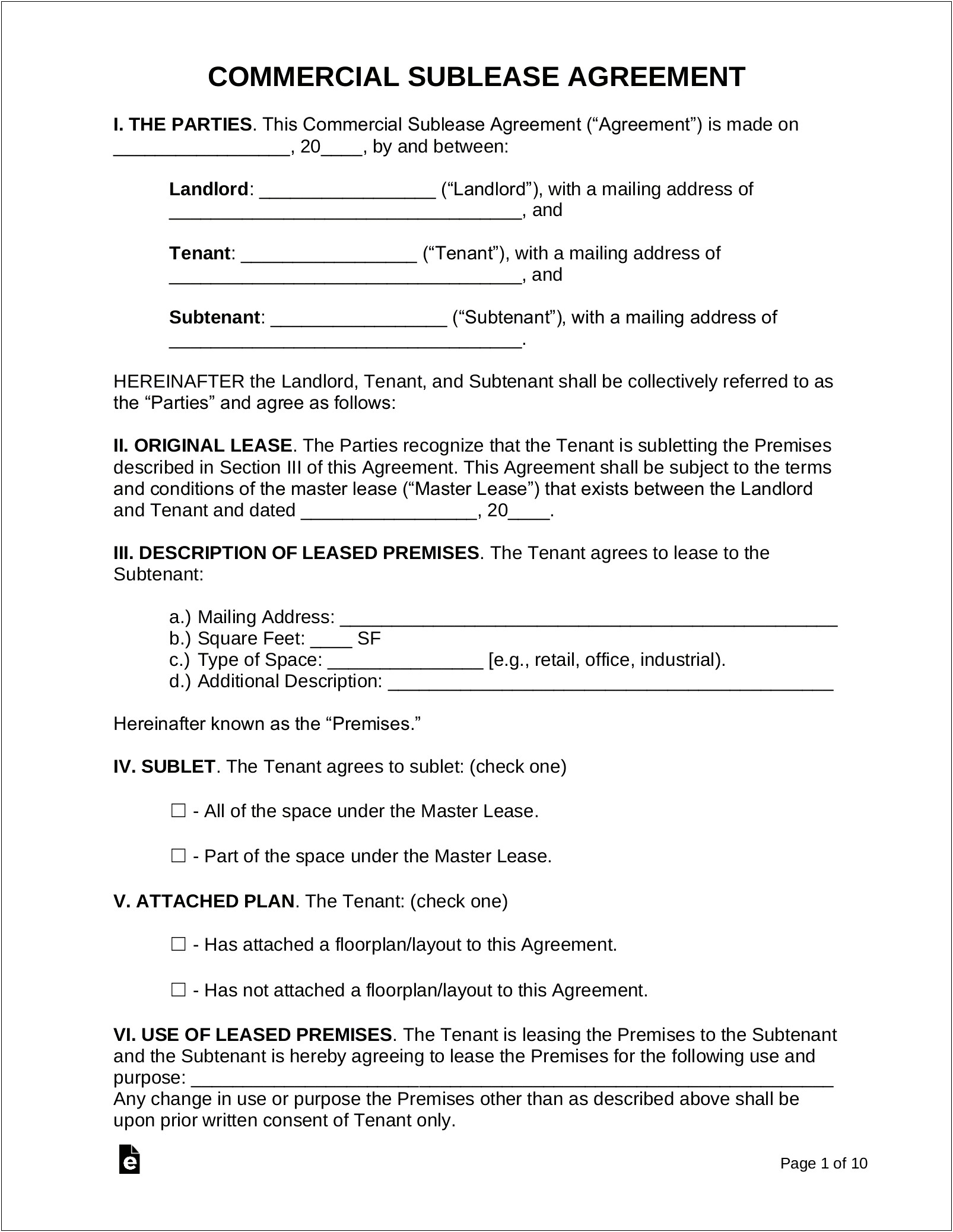 Free Commercial Sublease Agreement Template Word