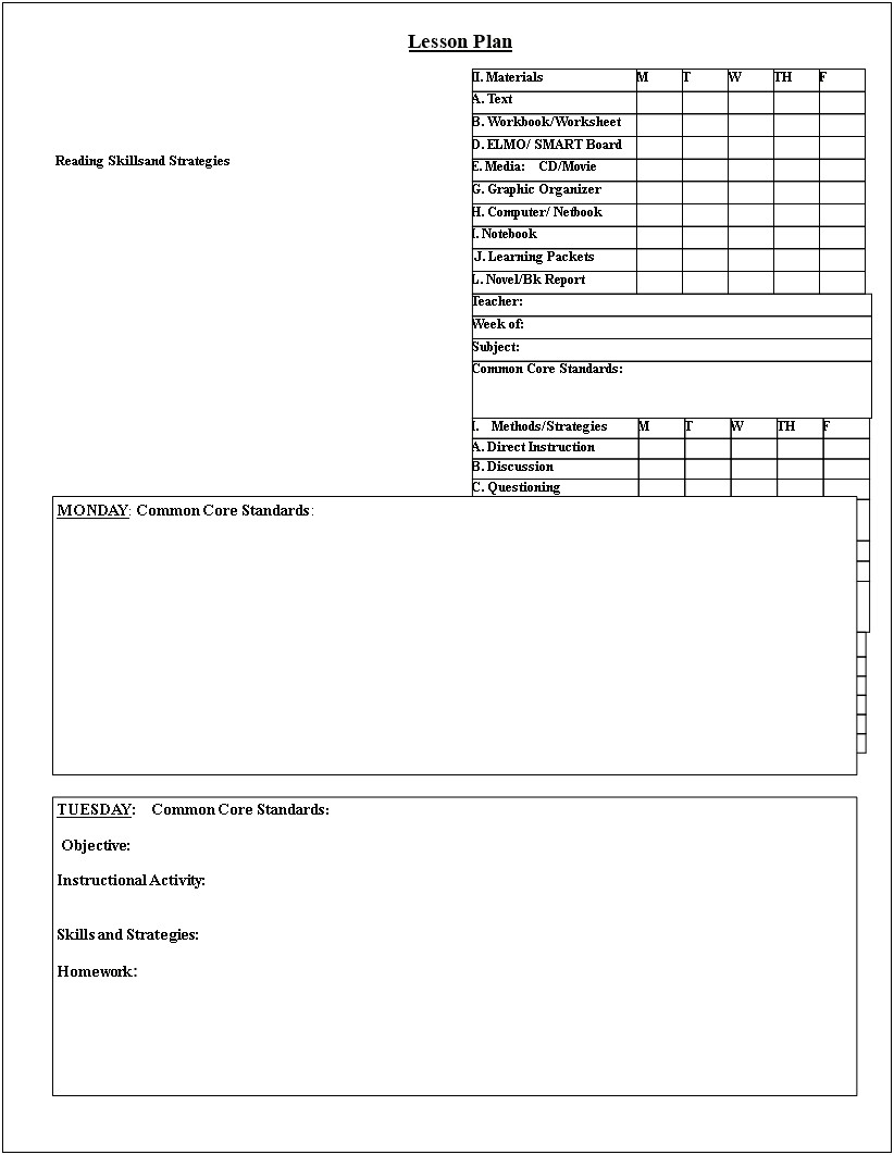 Free Common Core Weekly Lesson Plan Template
