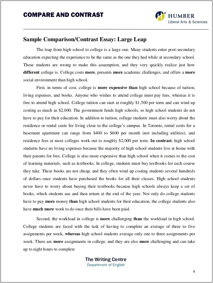 Free Compare And Contrast Writing Template