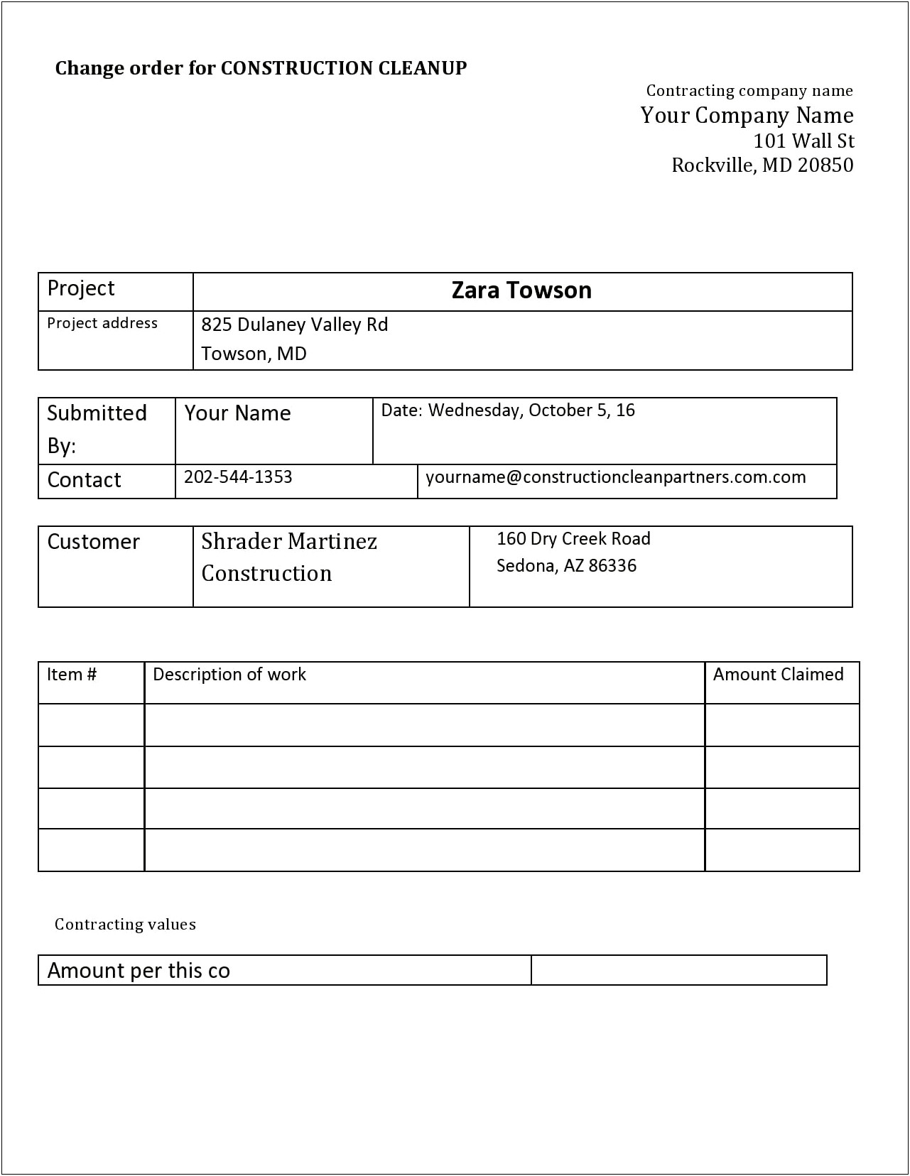Free Construction Change Order Form Template