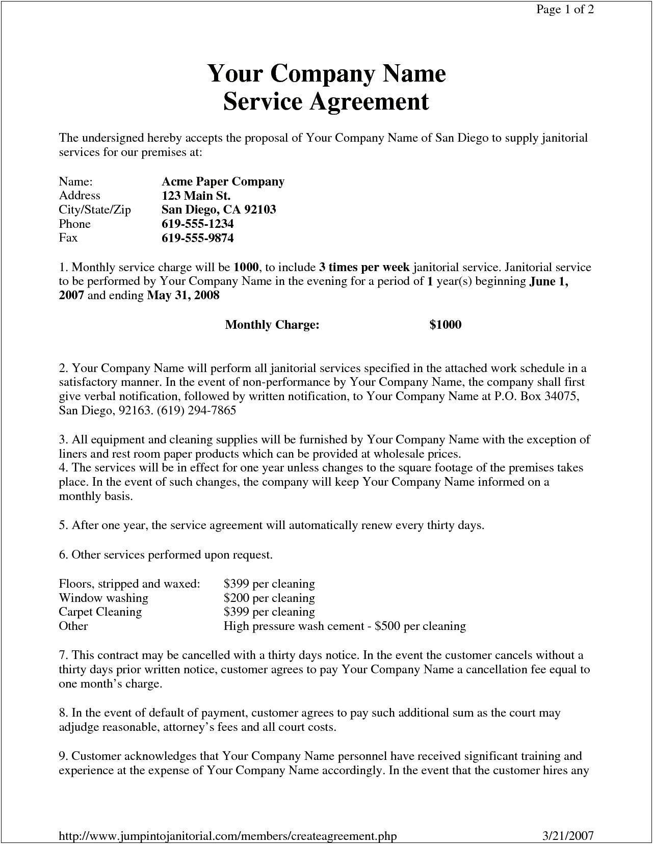 Free Contract For Cleaning Services Template