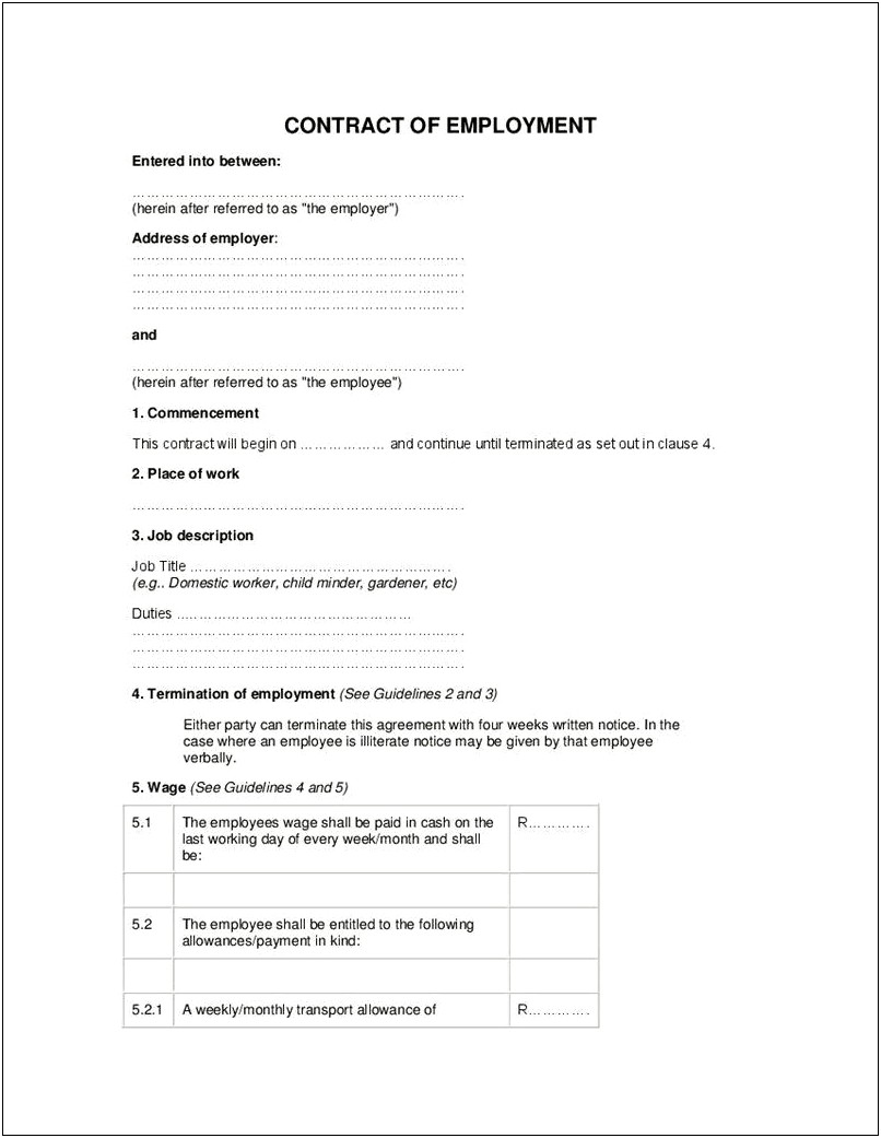 Free Contract Of Employment Template South Africa