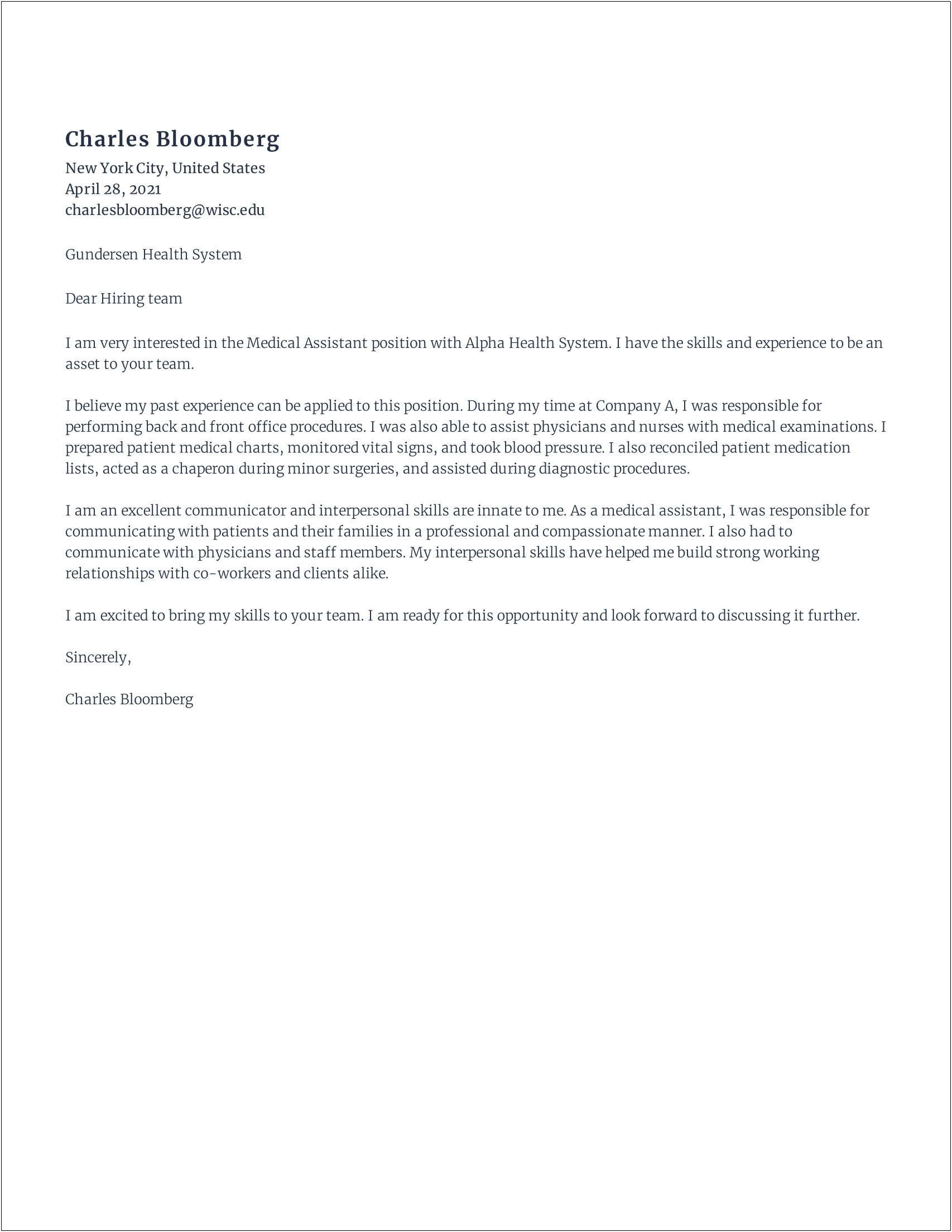 Free Cover Letter Template For Medical Assistant