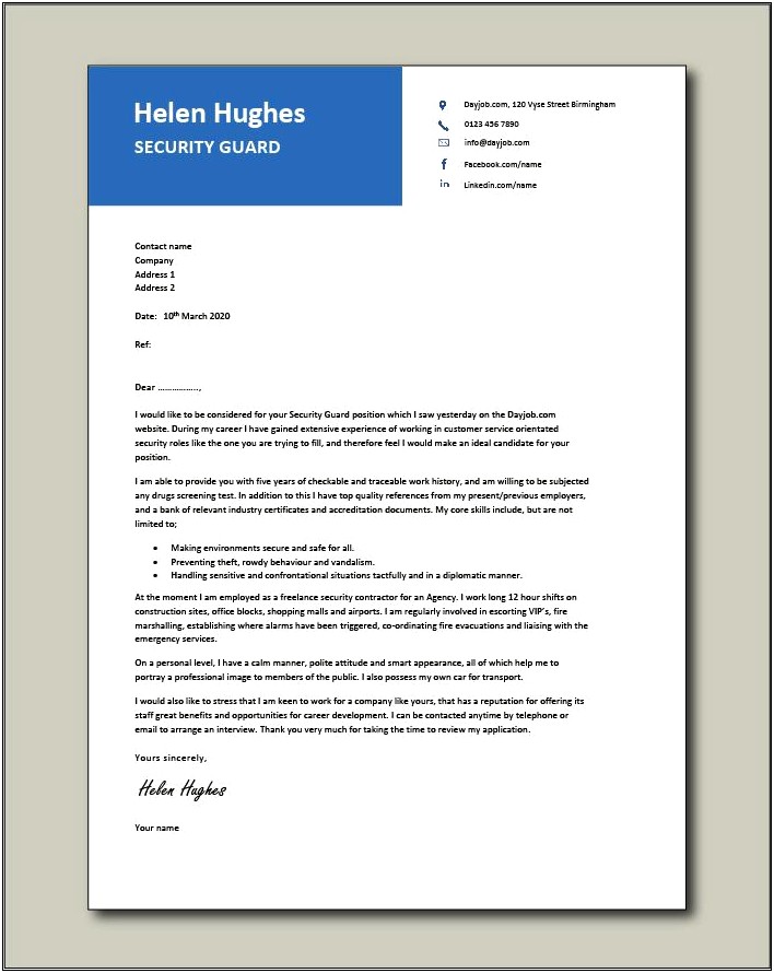 Free Cover Letter Templates For Security Guard