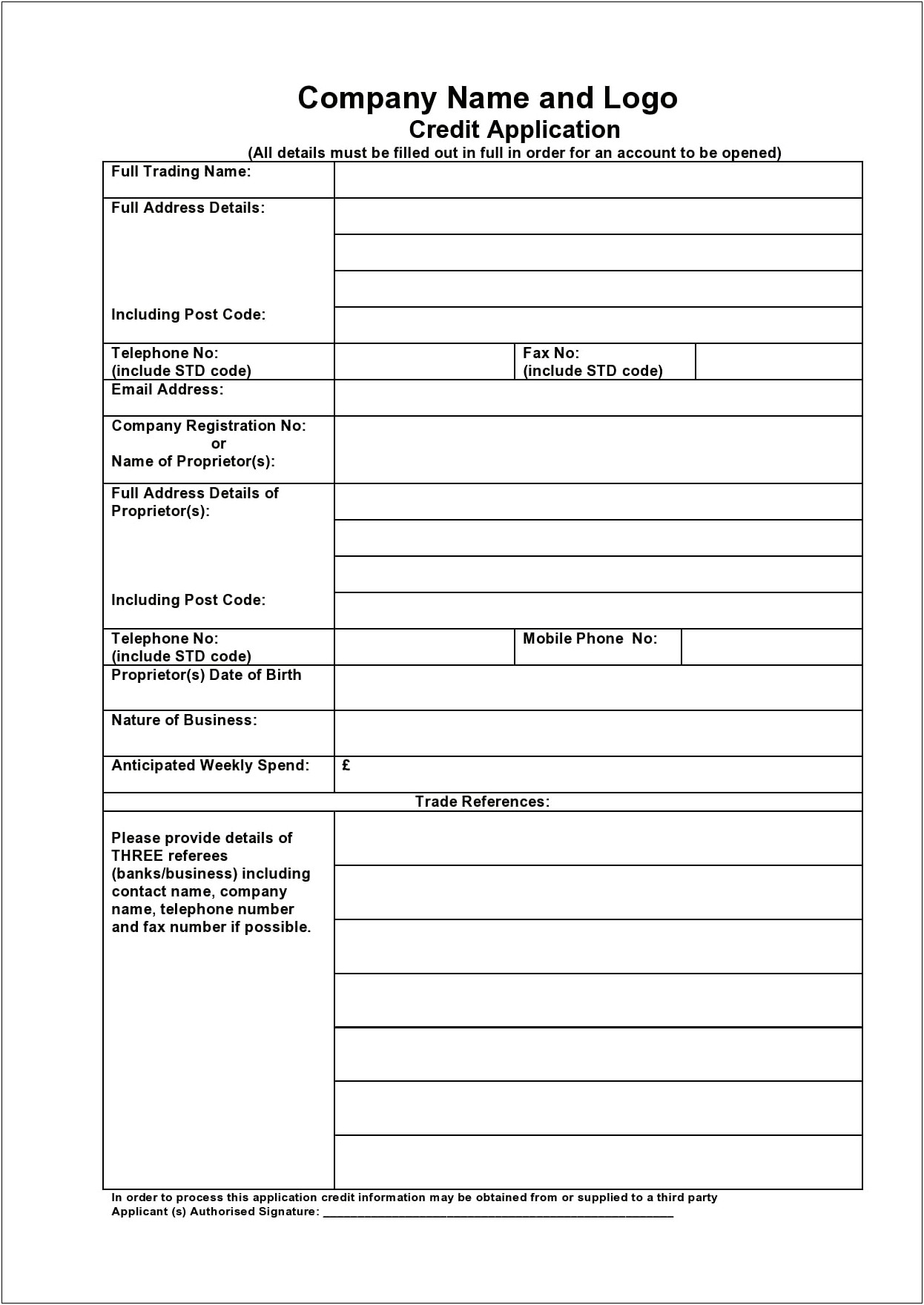 Free Credit Account Application Form Template