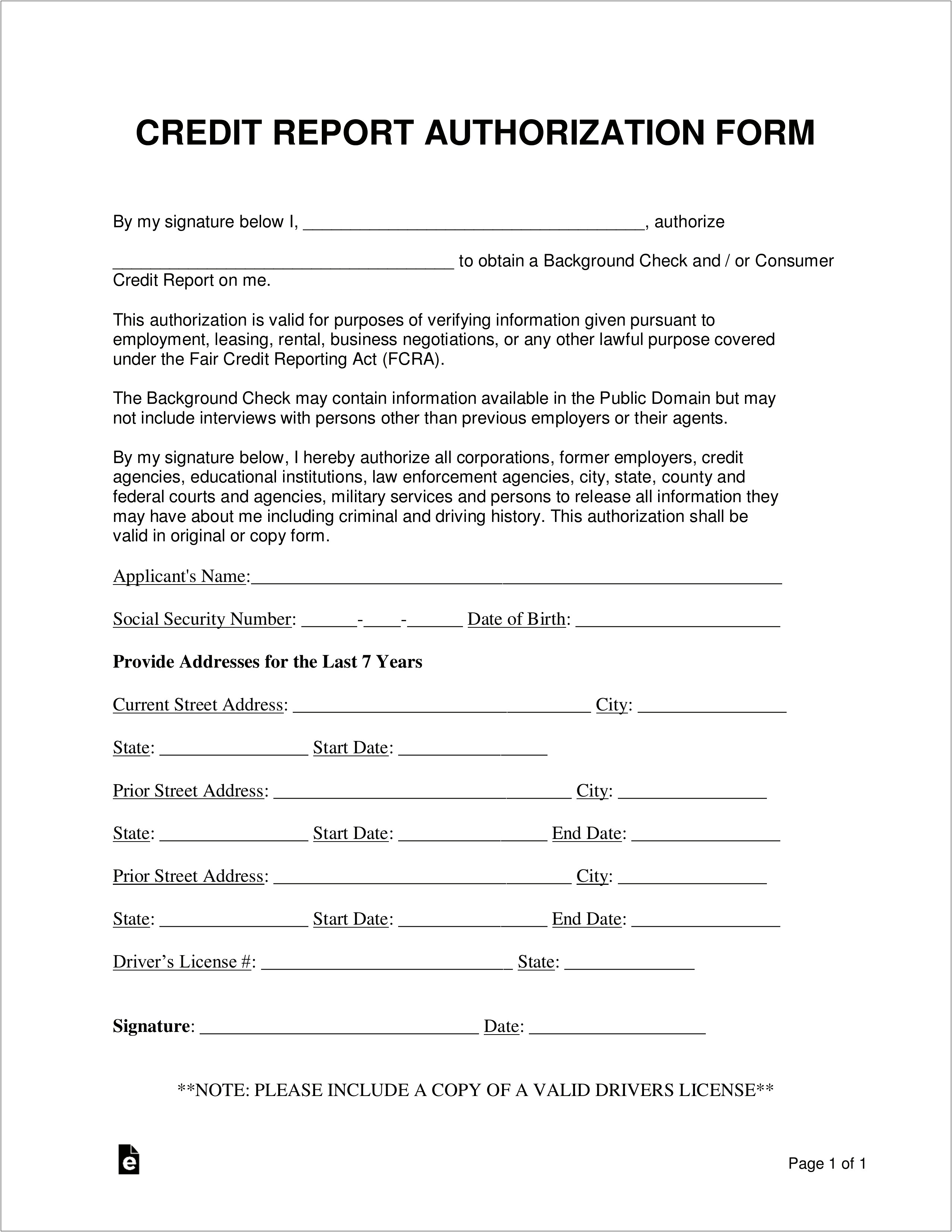 Free Credit Check Authorization Form Template