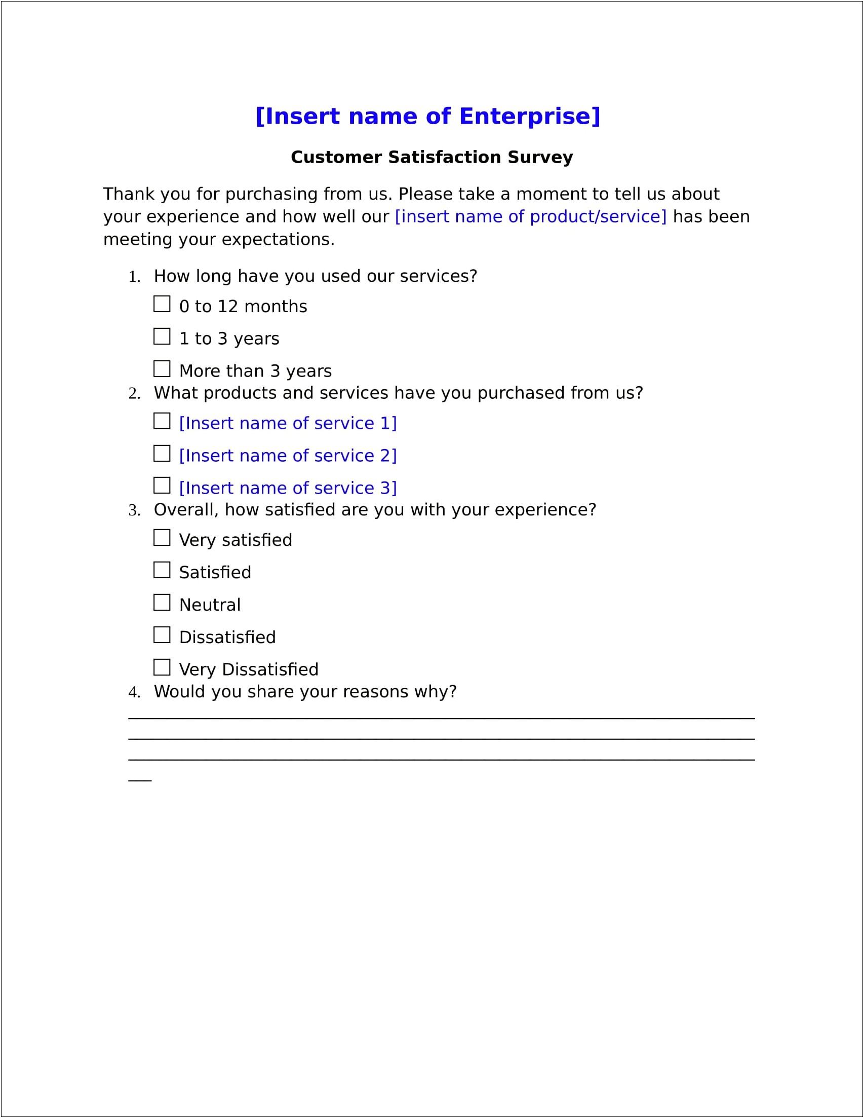 Free Customer Satisfaction Survey Html Questionnaire Template