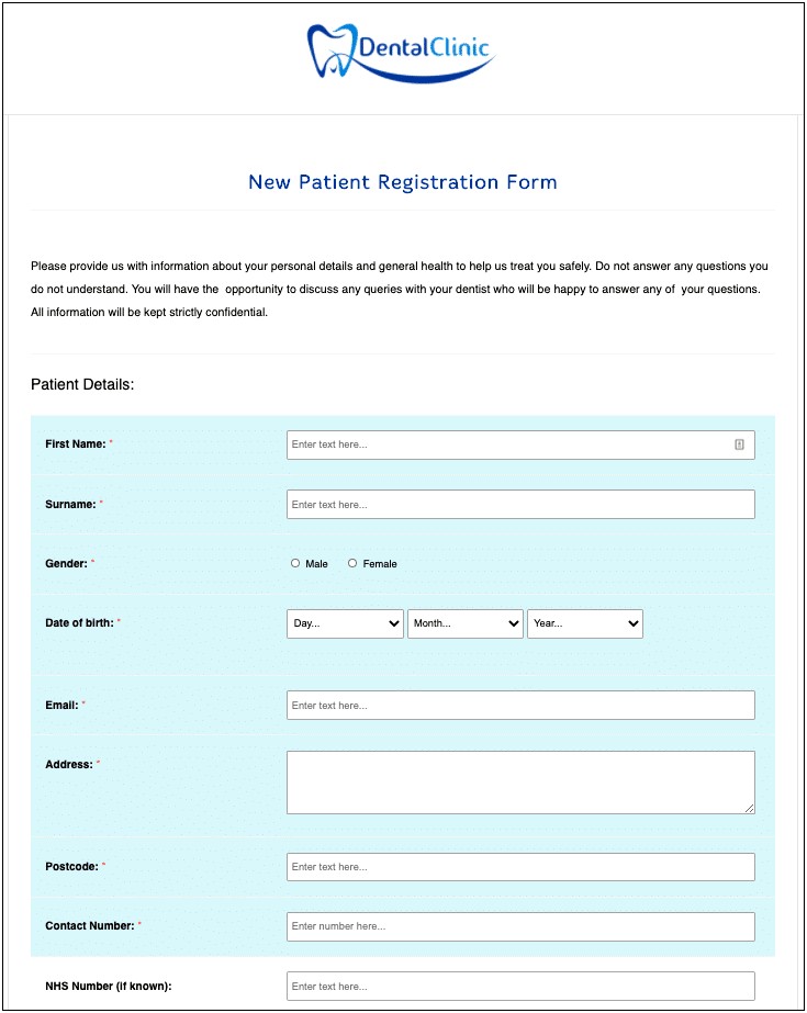 Free Dental Patient Registration Form Template