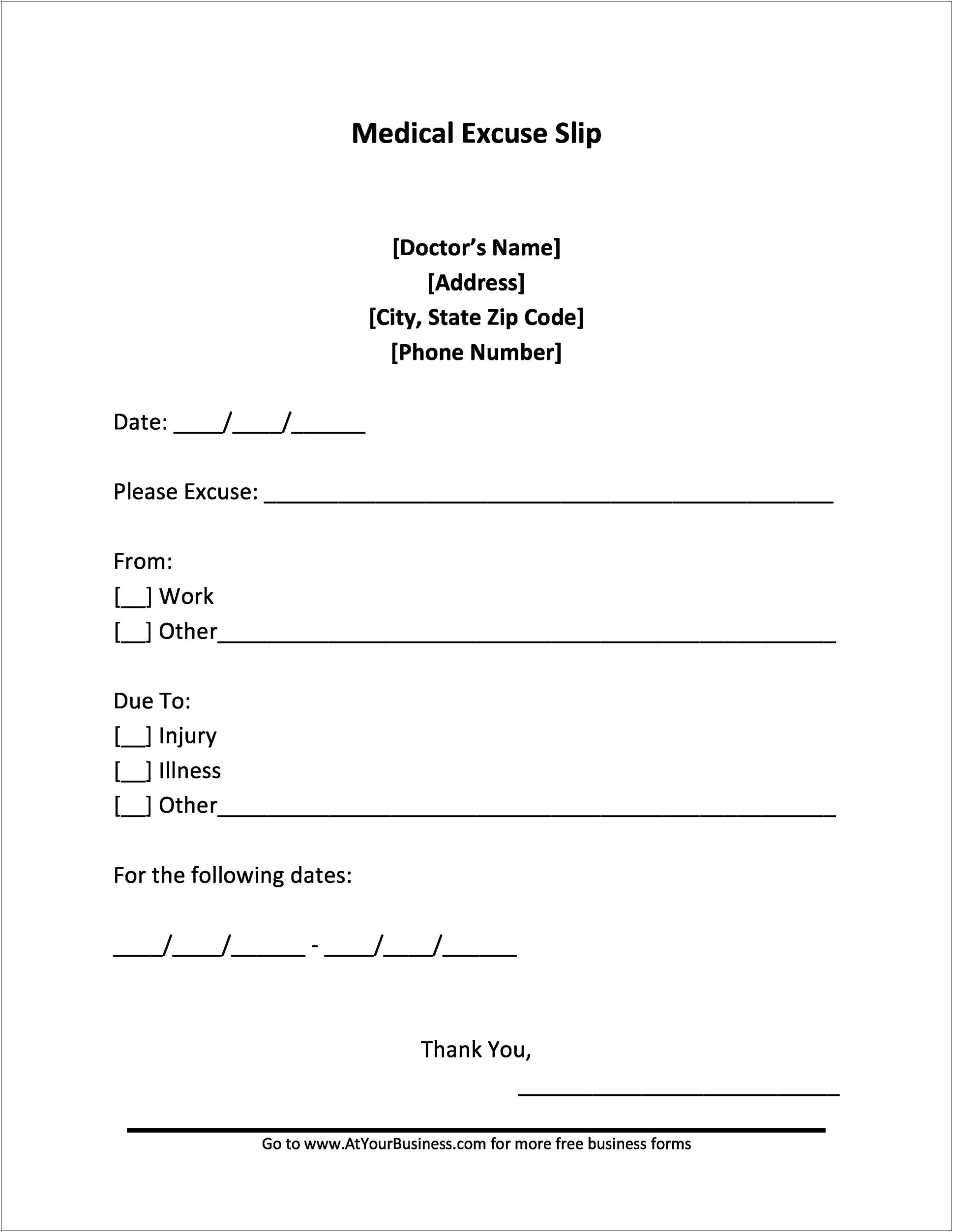 Free Doctors Excuse Template For Work