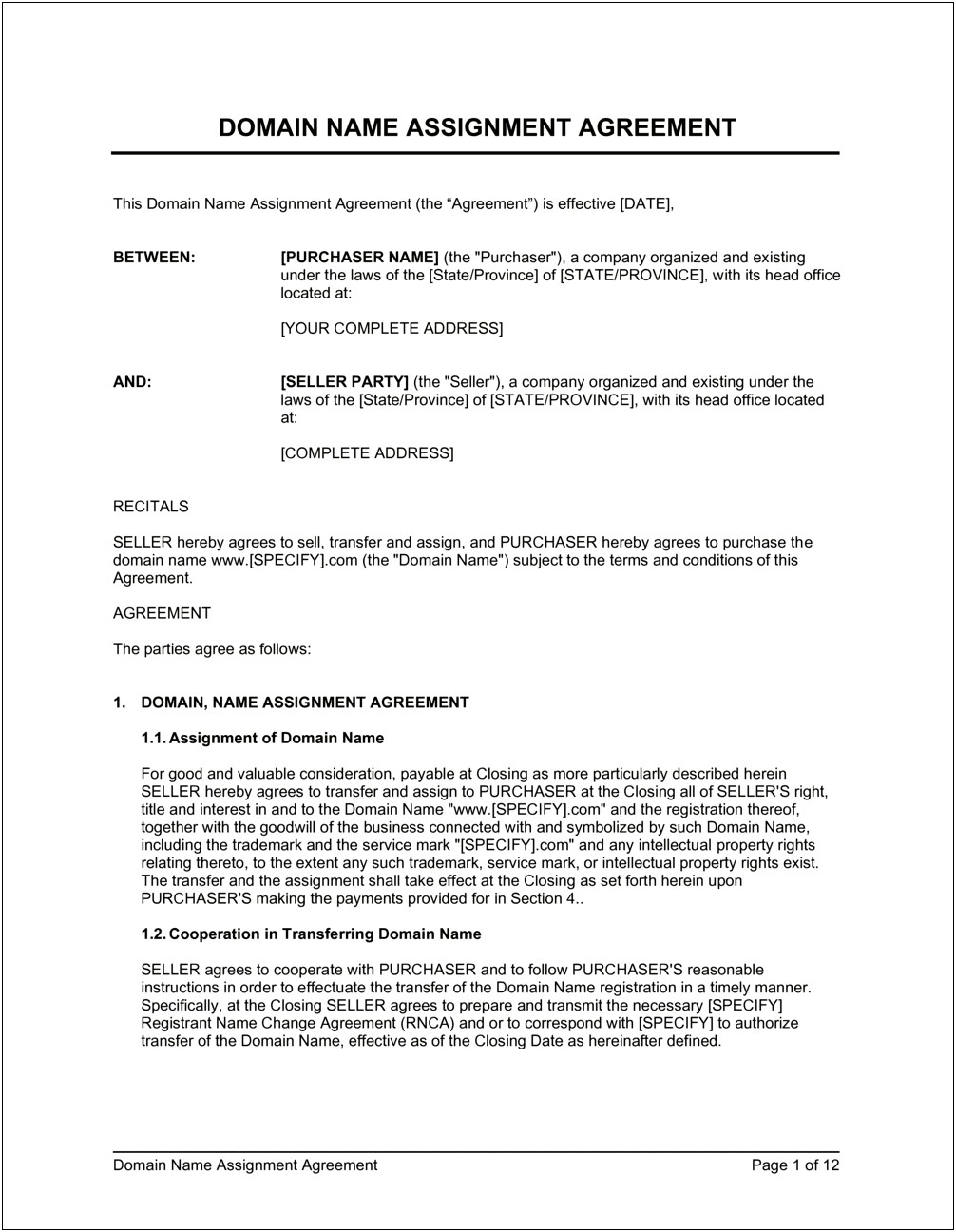 Free Domain Name Assignment Agreement Template