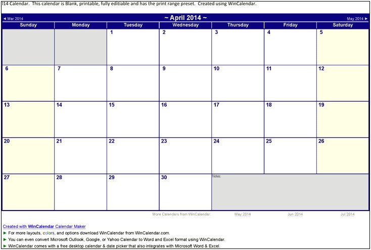 Free Download 2014 Calendar Excel Template