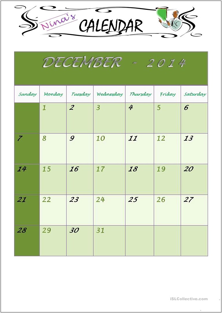 Free Download December 2014 Calendar Template