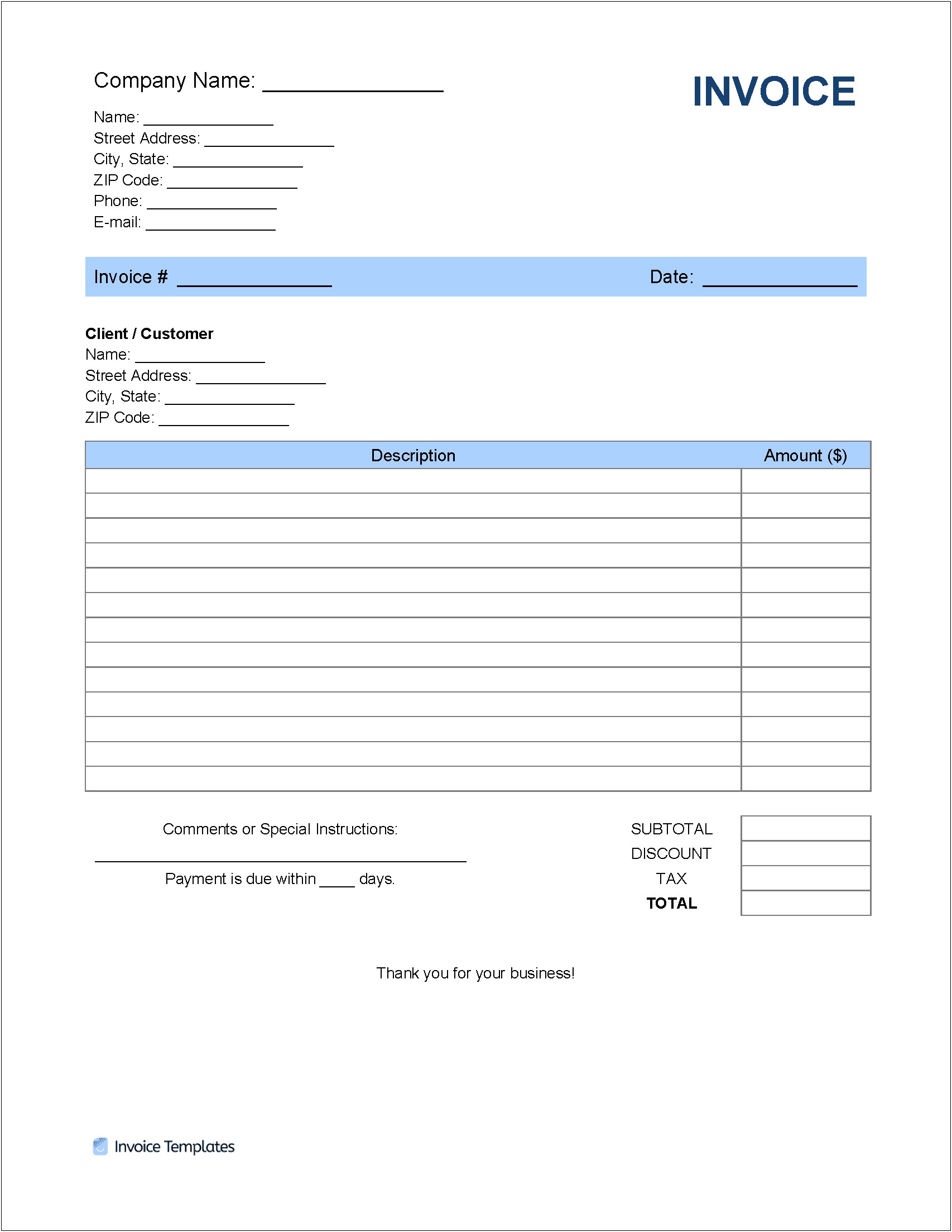 Free Download Of Blank Invoice Template For 1980s