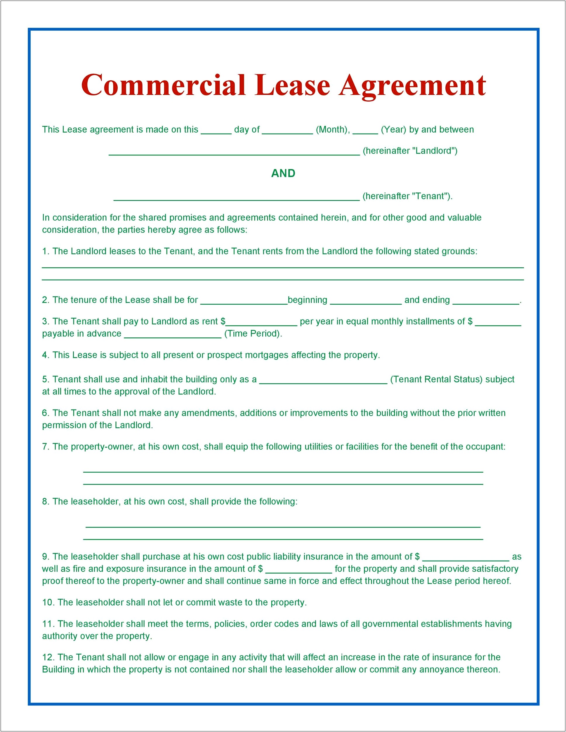 Free Downloadable Commerical Property Rental Agreement Template