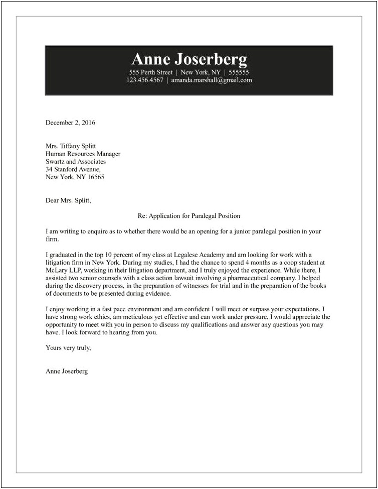 Free Downloadable Paralegal Cover Letter Templates
