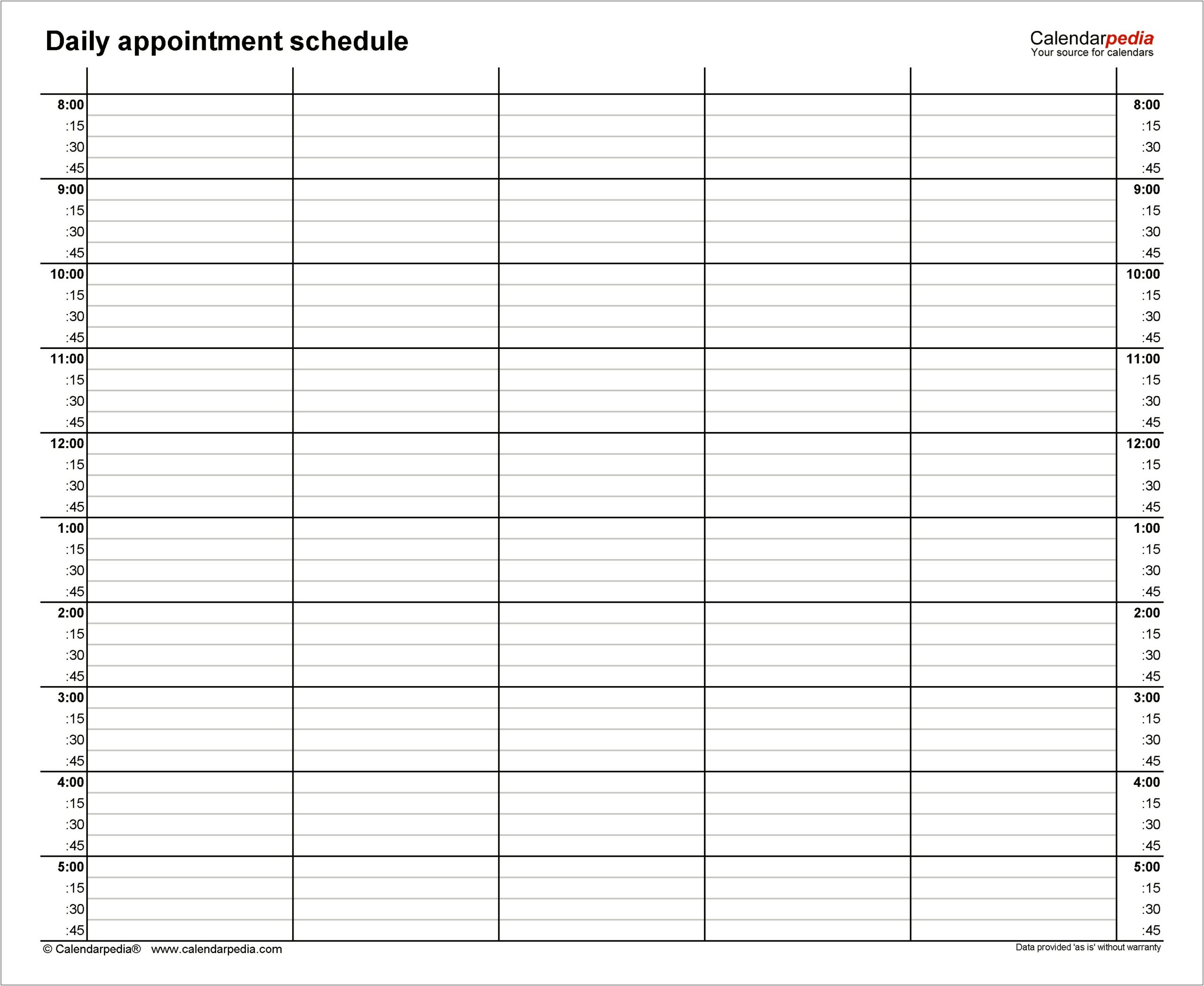 Free Downloadable Weekly Schedule Template 15 Minute Increments