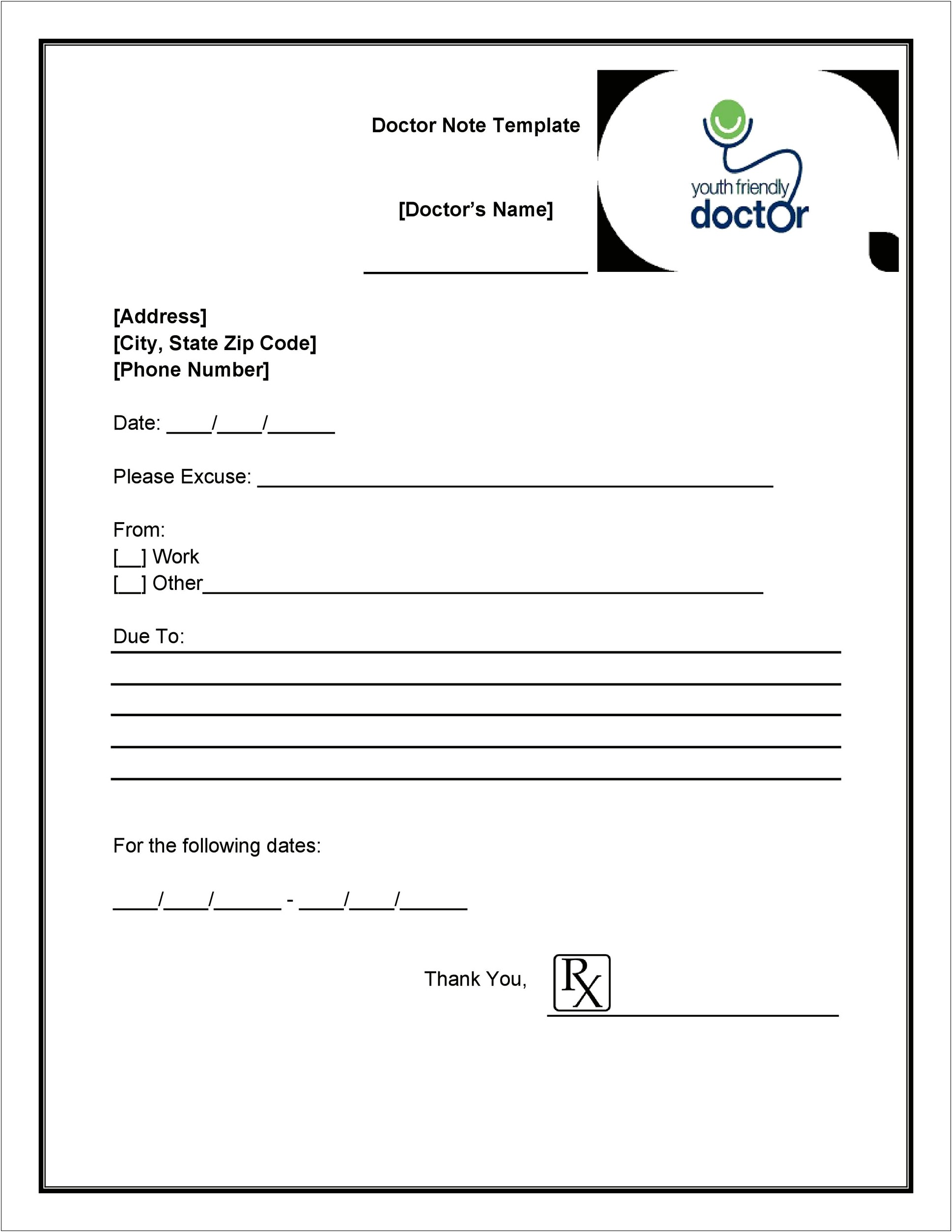 Free Dr Note For Work Template