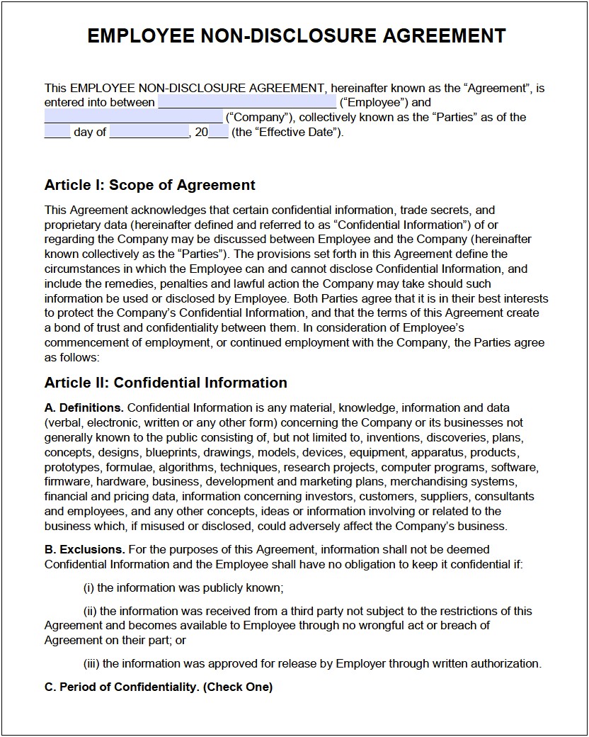 Free Employee Non Disclosure Agreement Template